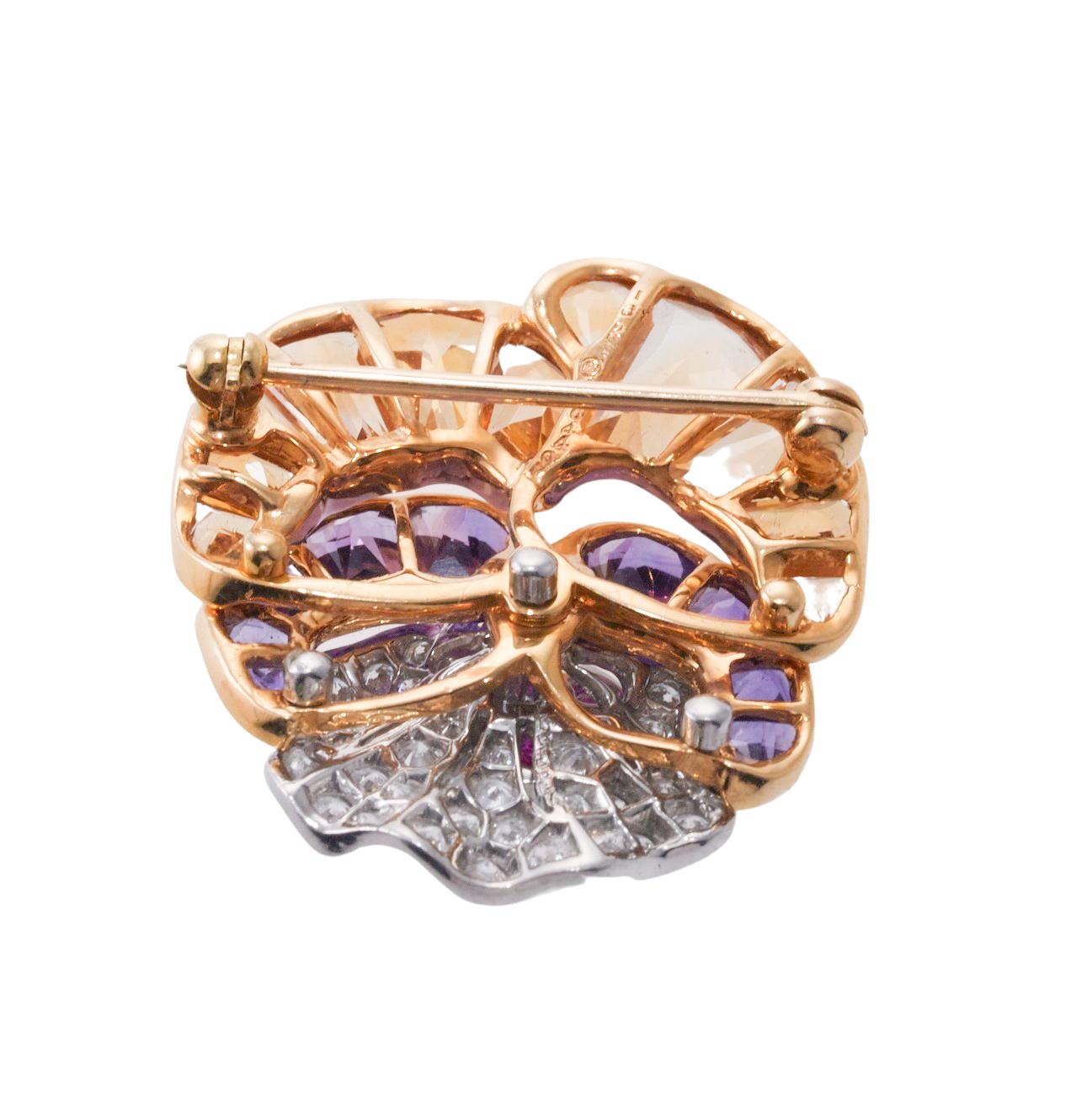 Oscar Heyman Iconic Pansy Diamond Amethyst Citrine Gold Platinum Brooch In Excellent Condition For Sale In New York, NY