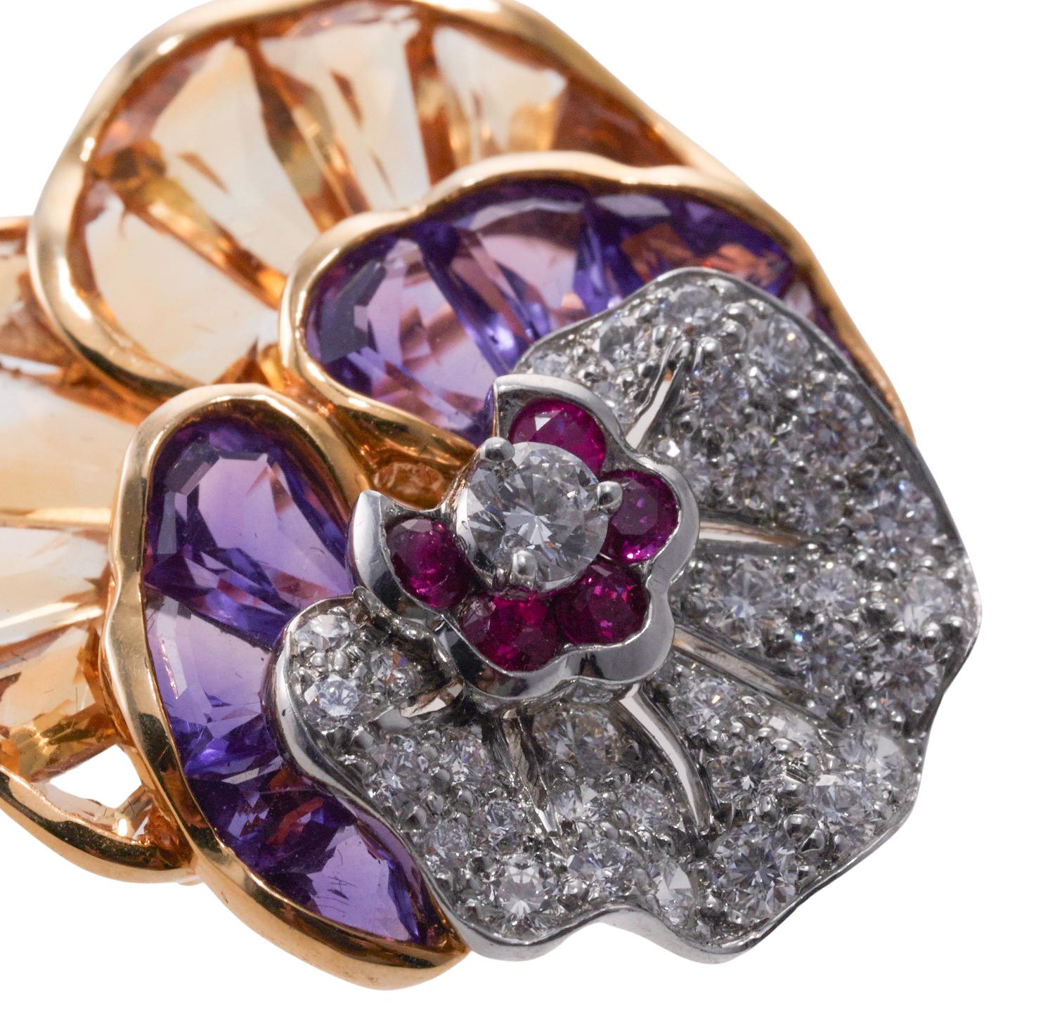 Oscar Heyman Iconic Pansy Diamond Amethyst Citrine Gold Platinum Brooch For Sale 1