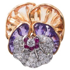 Oscar Heyman Iconic Pansy Diamond Amethyst Citrine Gold Platinum Brooch