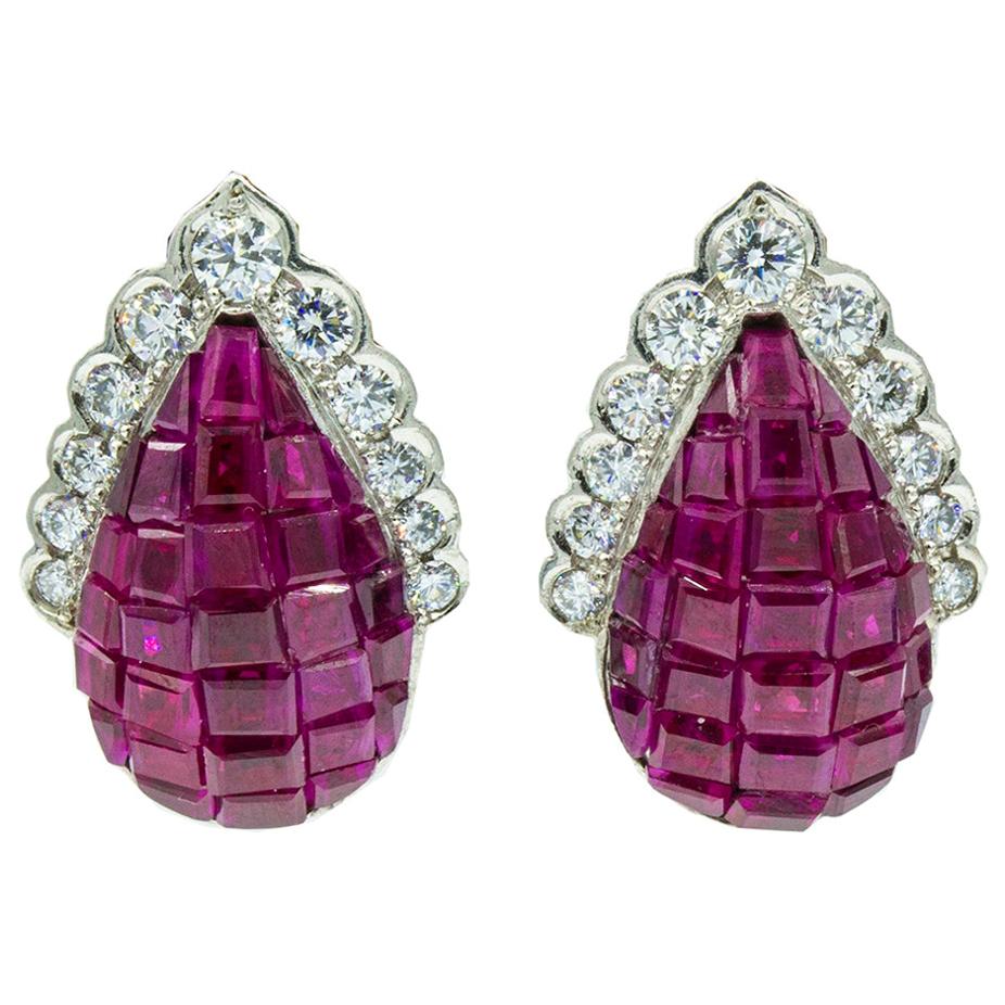 Oscar Heyman Invisibly Set Ruby and Diamond Ear Clips