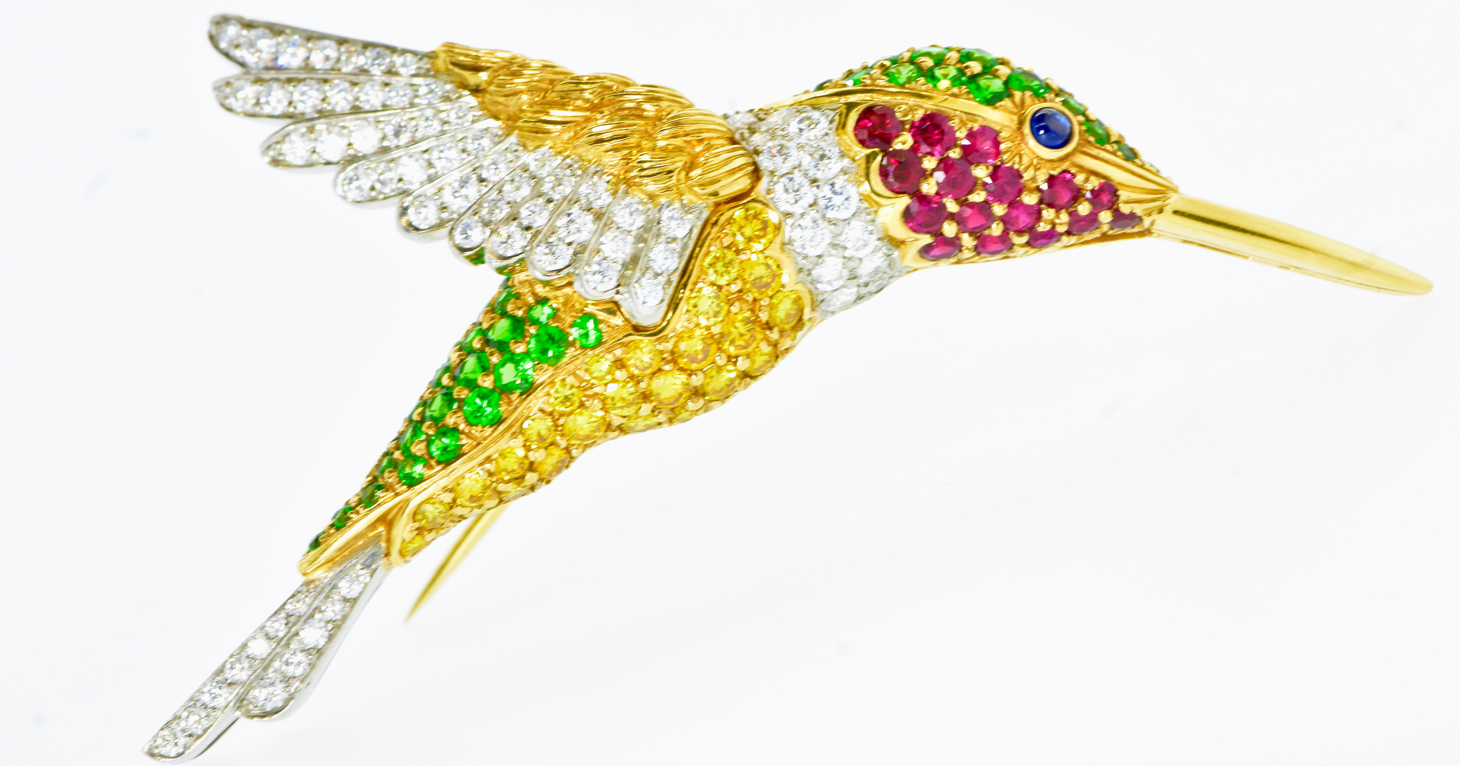 Brilliant Cut Oscar Heyman Large Hummingbird Brooch with Fine Diamonds & Colored Stones 