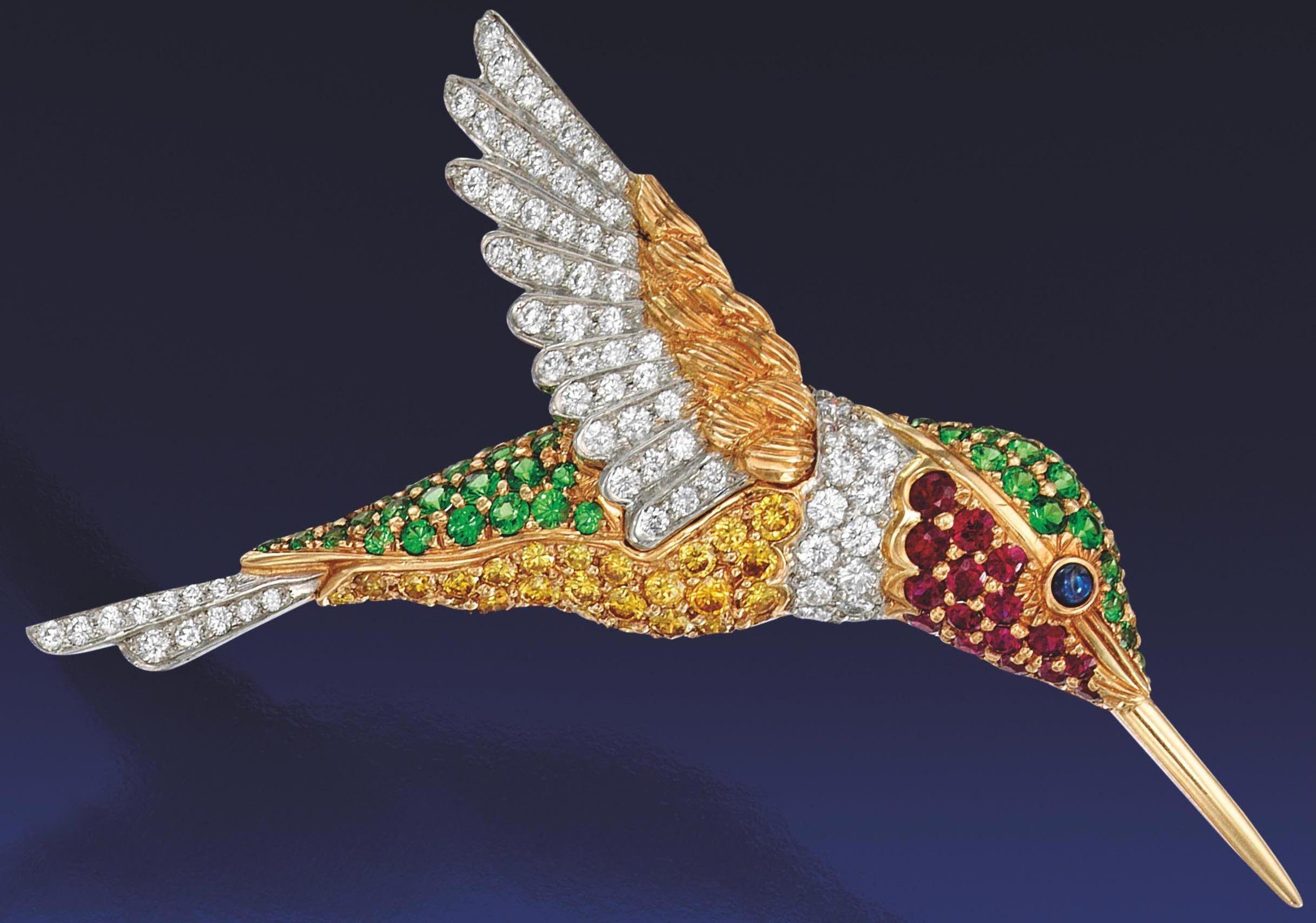 Oscar Heyman Large Hummingbird Brooch with Fine Diamonds & Colored Stones  1