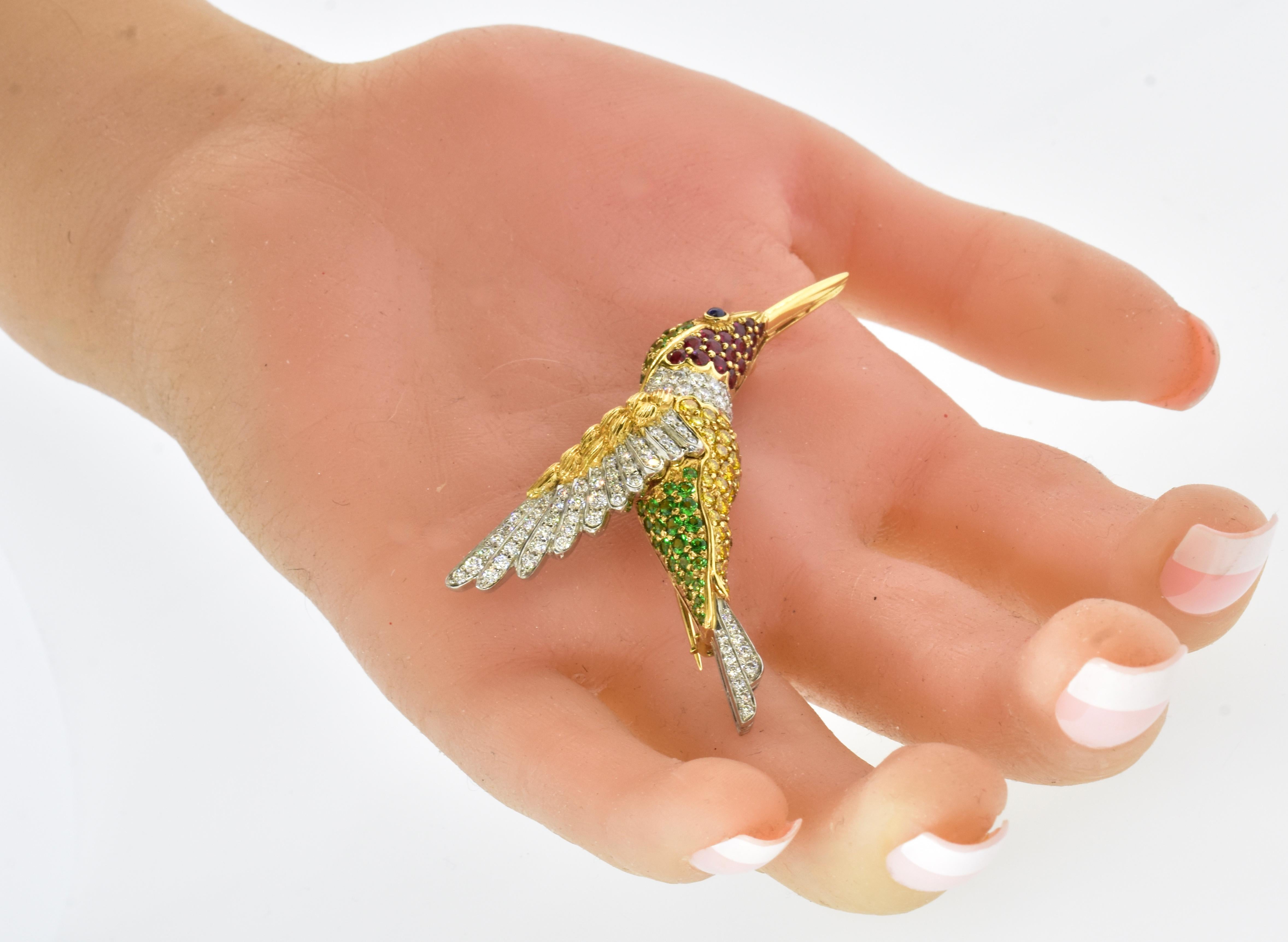 Oscar Heyman Large Hummingbird Brooch with Fine Diamonds & Colored Stones  2