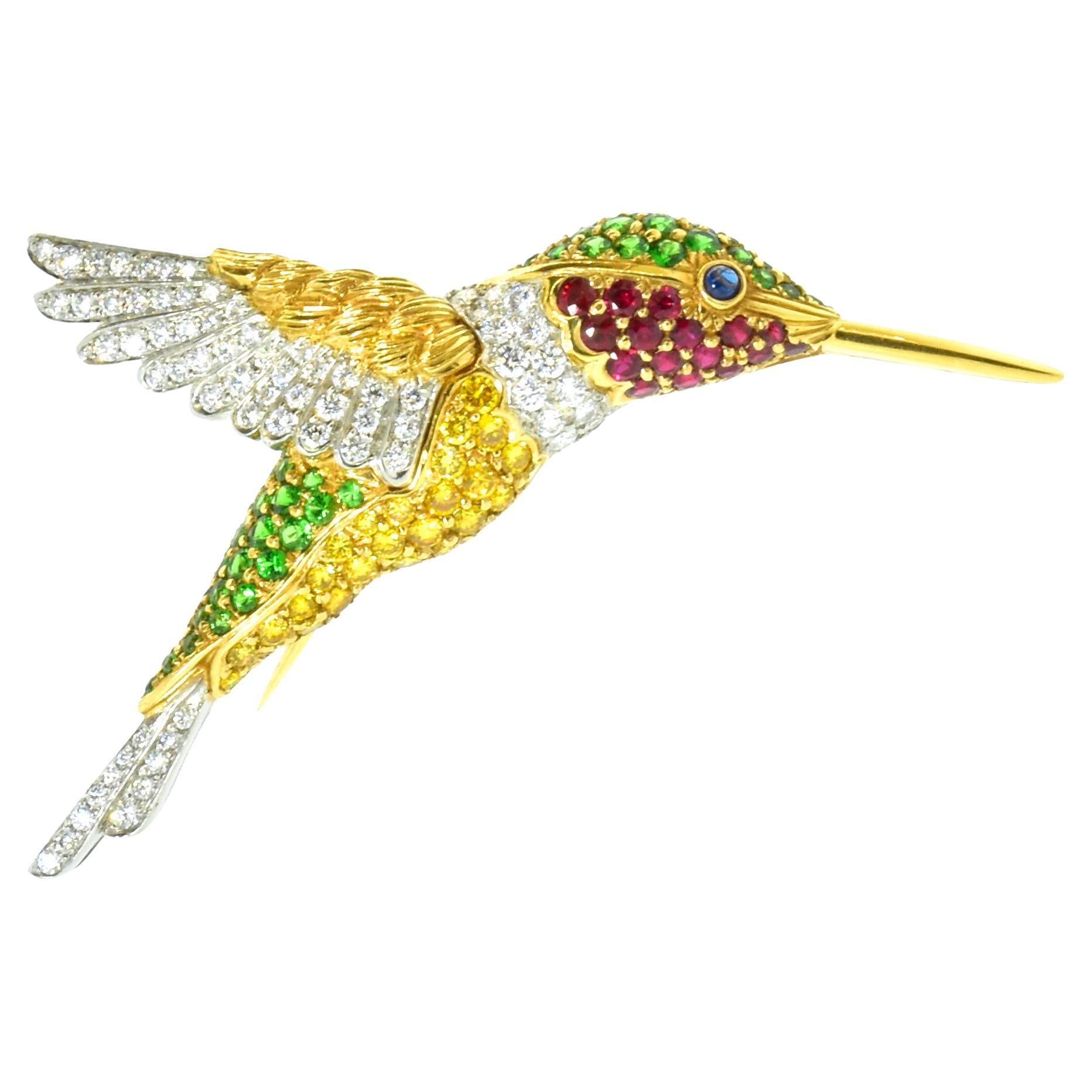 Oscar Heyman Large Hummingbird Brooch with Fine Diamonds & Colored Stones 