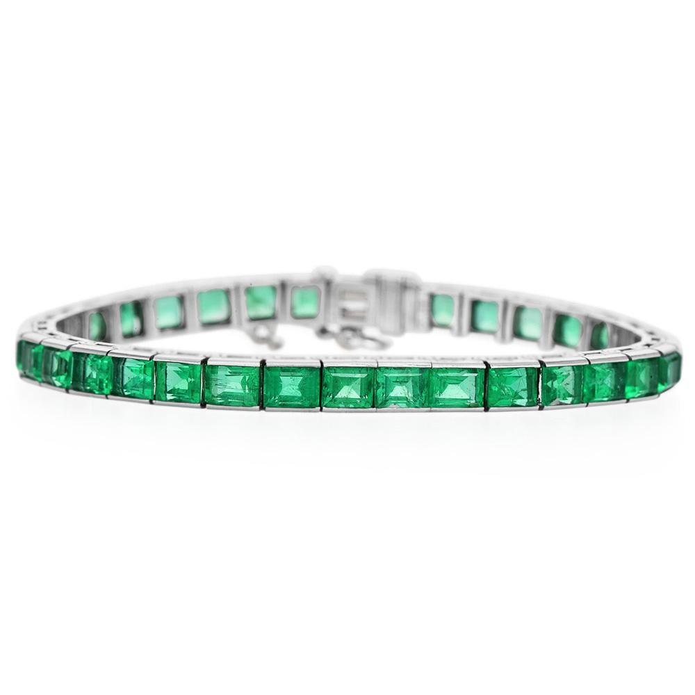 Retro Oscar Heyman Mid-Century 14.73 carat Emerald Platinum Tennis Bracelet For Sale