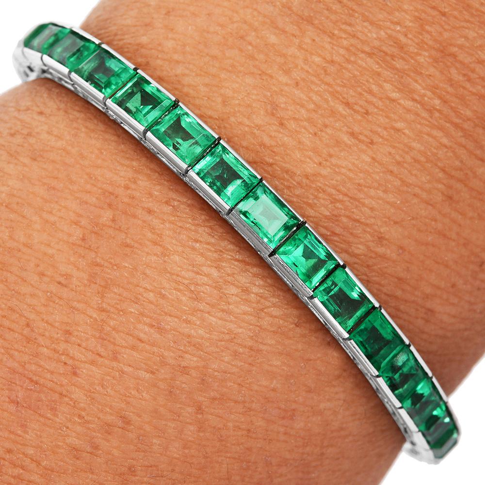 Oscar Heyman Mid-Century 14.73 carat Emerald Platinum Tennis Bracelet For Sale 1