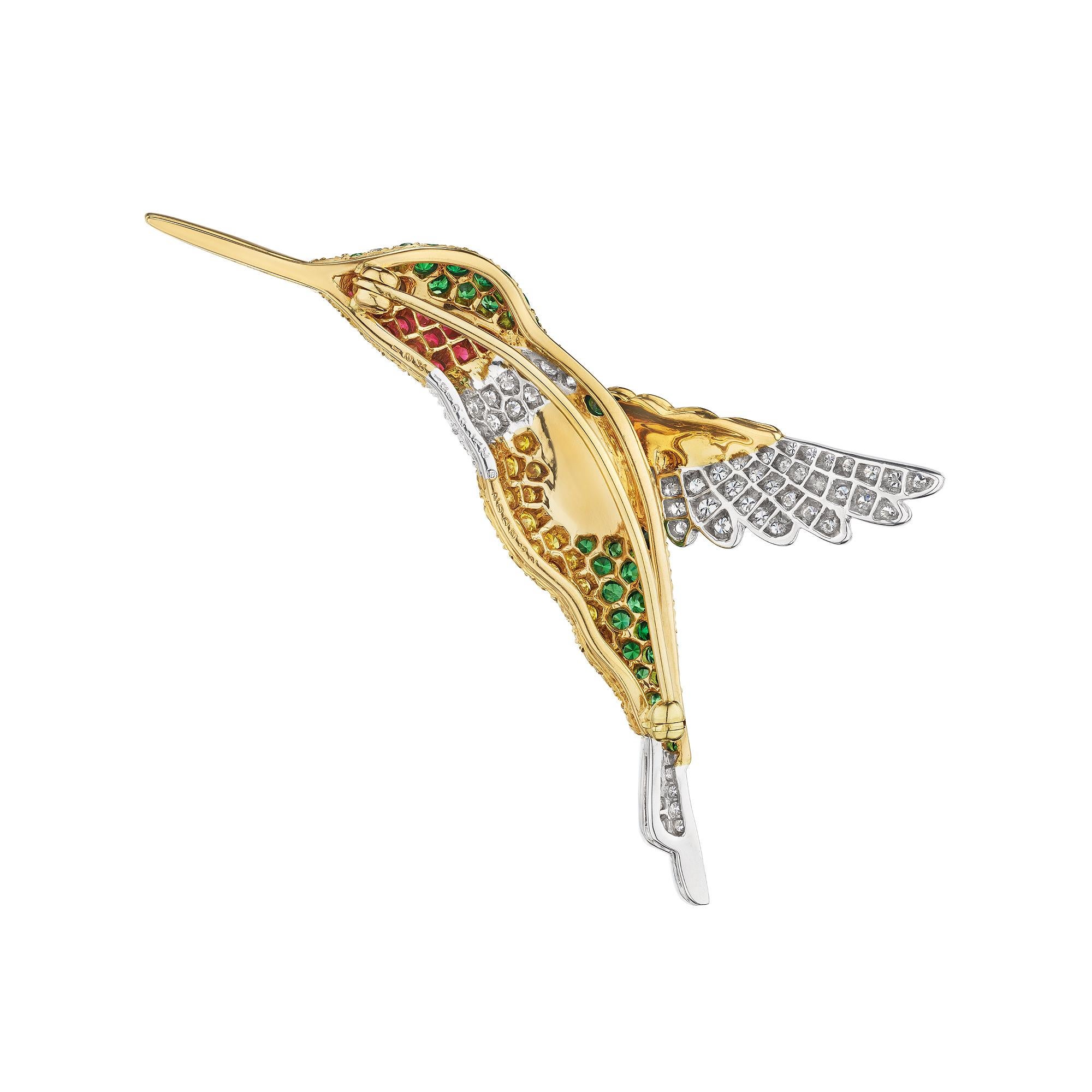 Emerald Cut Oscar Heyman Modernist Diamond Ruby Garnet Gold Hummingbird Brooch For Sale