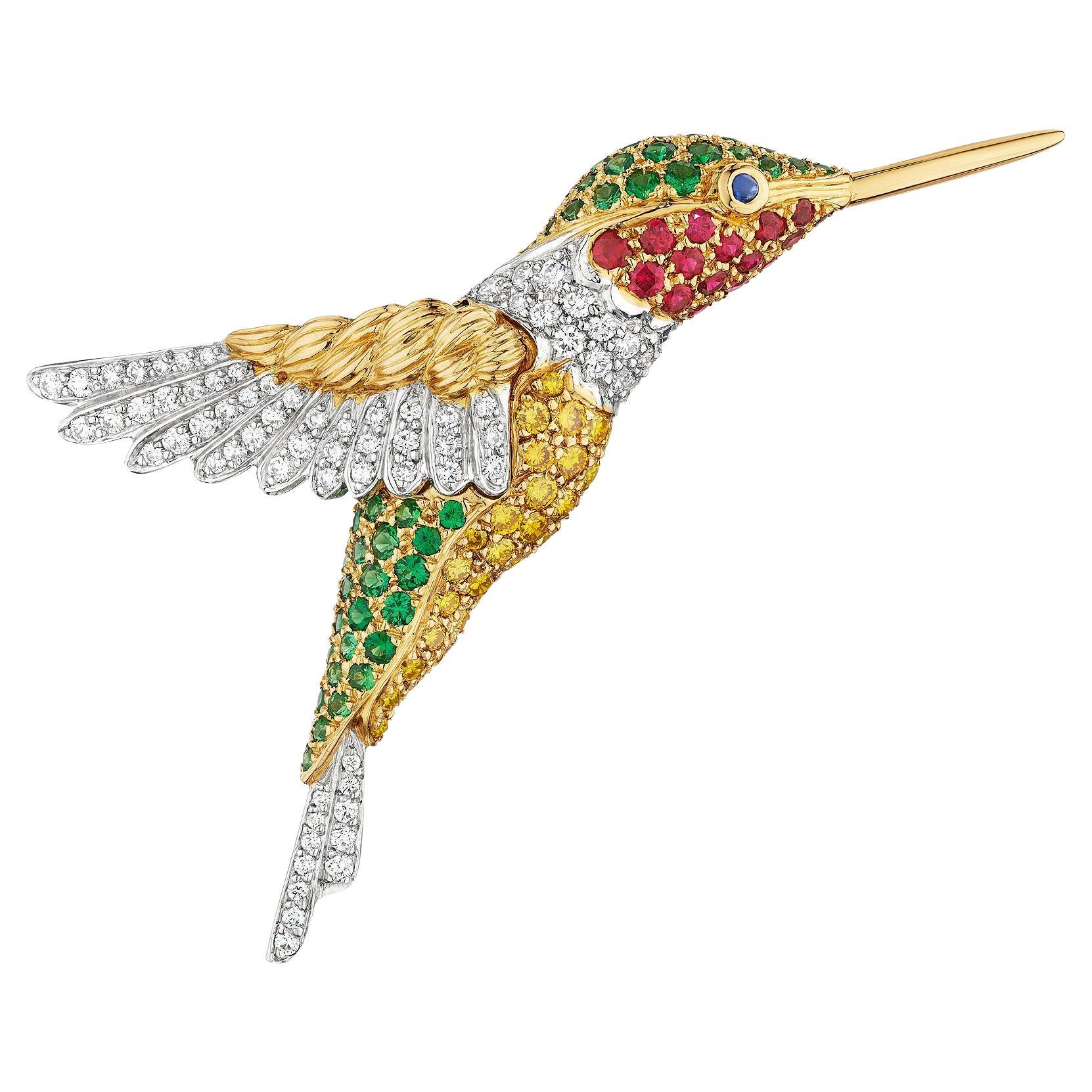 Oscar Heyman Modernistische Hummingbird-Brosche, Diamant Rubin Granat Gold im Angebot