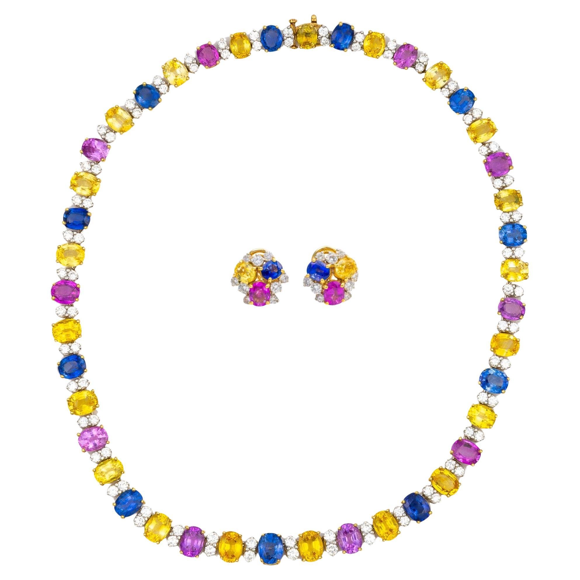 Oscar Heyman Collana e orecchini con zaffiri e diamanti multicolore