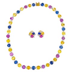 Oscar Heyman Multicolored Sapphire and Diamond Necklace and Earring Set