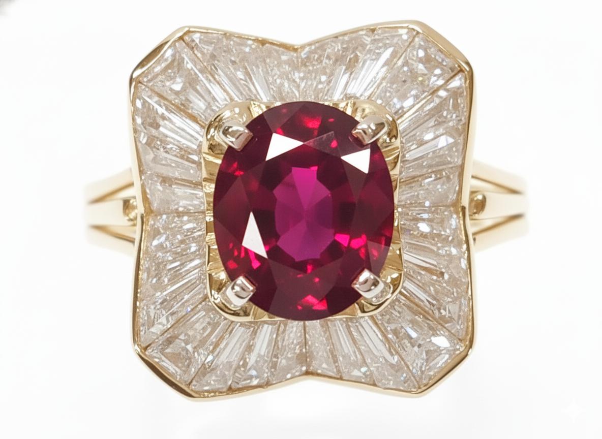 Oscar Heyman Bague ballerine en or jaune 18 carats et platine, rubis et diamants No Heat Excellent état - En vente à Chicago, IL