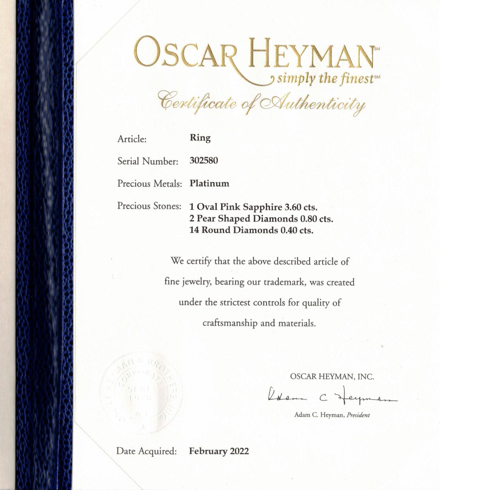 Oscar Heyman Oval Pink Sapphire Diamond Platinum Cocktail Ring Modern 4