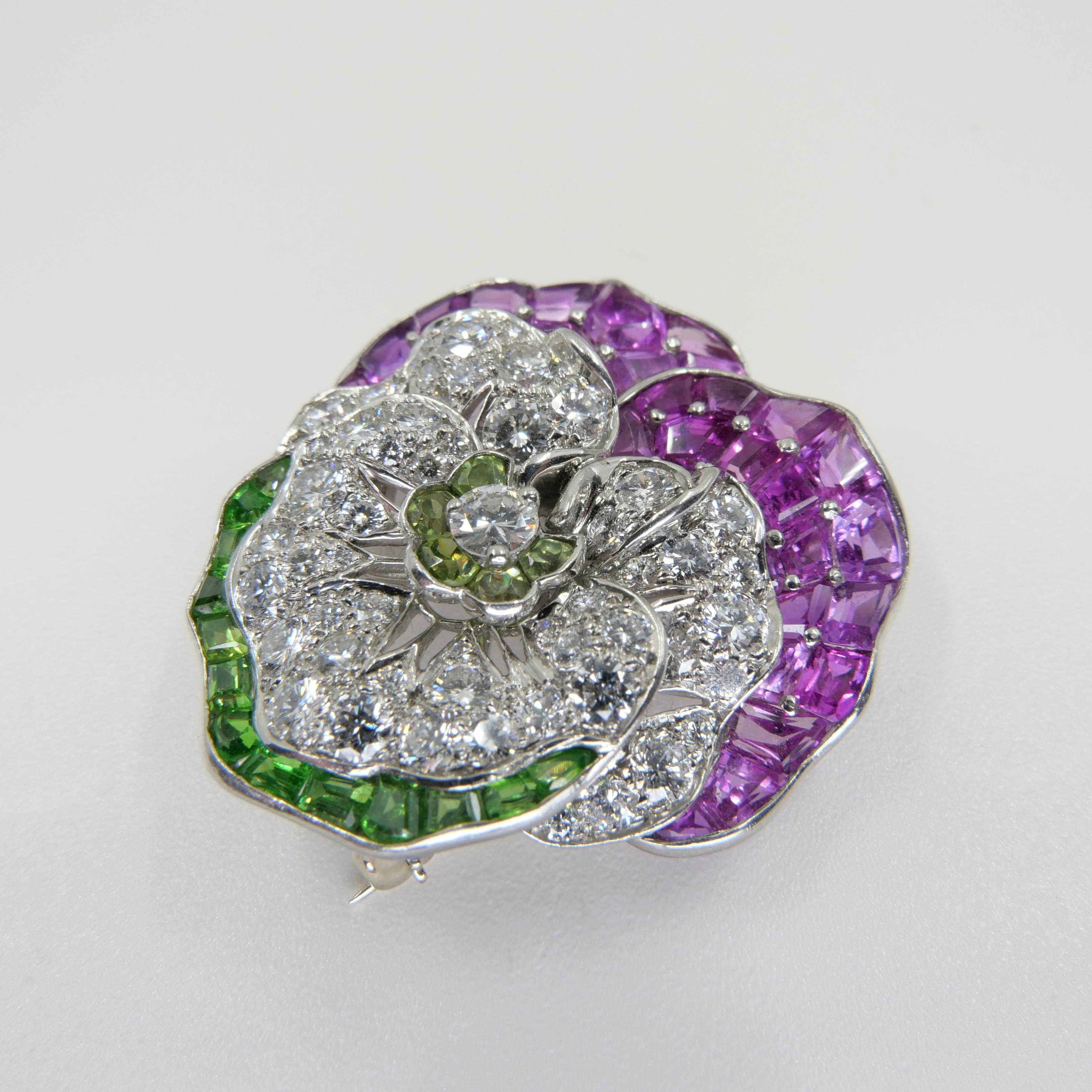 Oscar Heyman Pink Sapphires, Demantoid Garnet & Diamond Pansy Brooch. 7