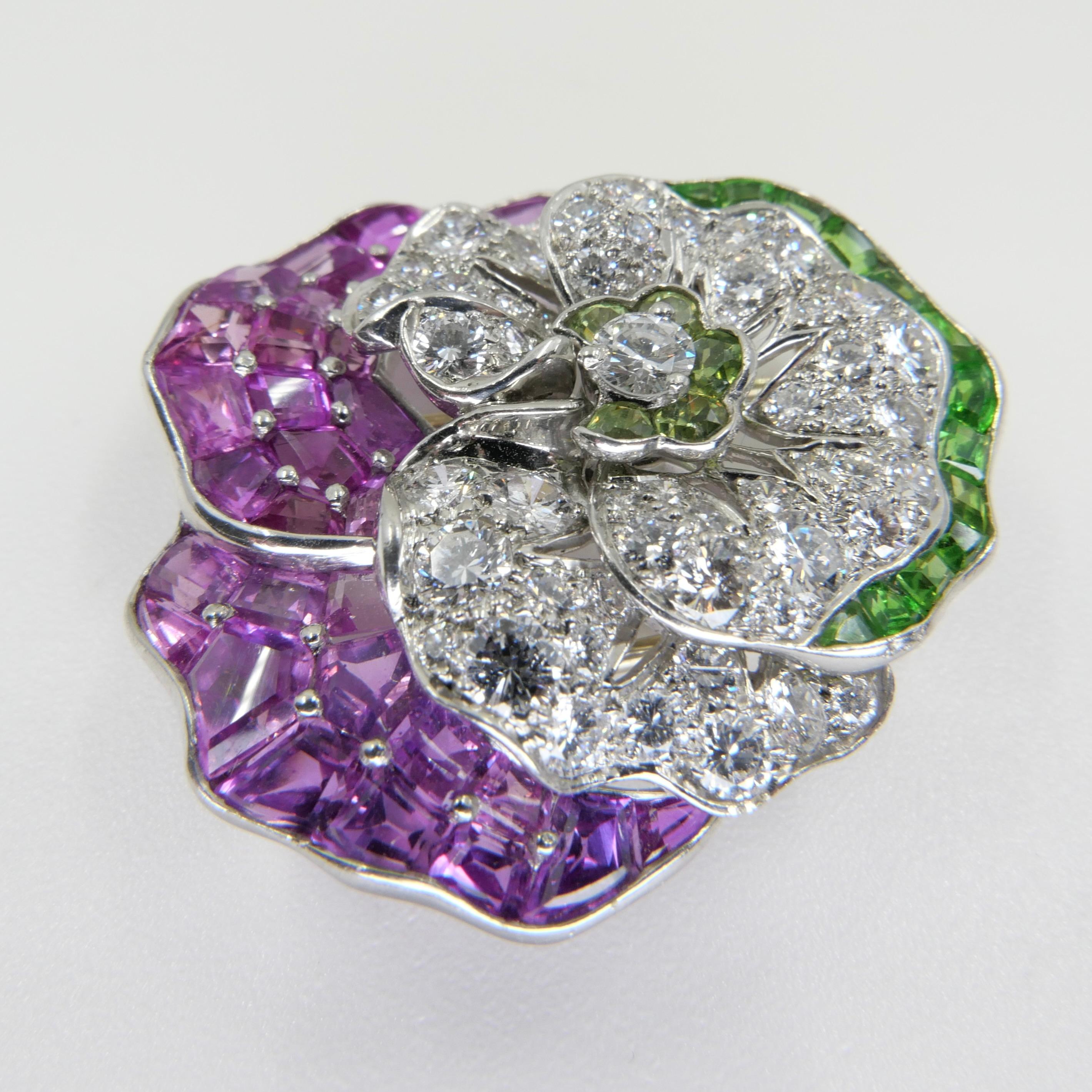 Oscar Heyman Pink Sapphires, Demantoid Garnet & Diamond Pansy Brooch. 10