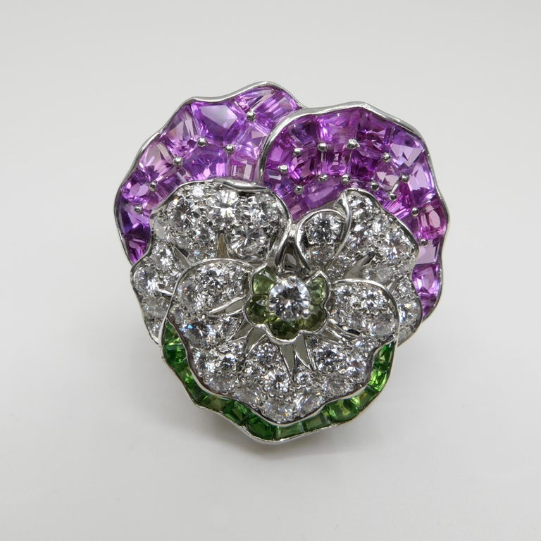 Oscar Heyman Pink Sapphires, Demantoid Garnet & Diamond Pansy Brooch. For Sale 13
