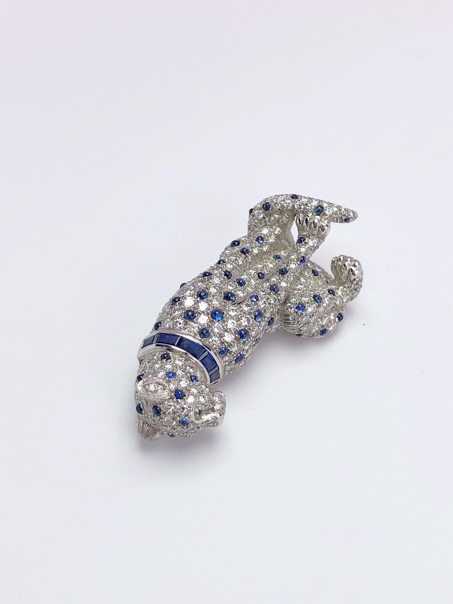 Contemporary Oscar Heyman Plat. & 3.61Ct. Diamond Cheetah Brooch with 2.18Ct. Blue Sapphires For Sale