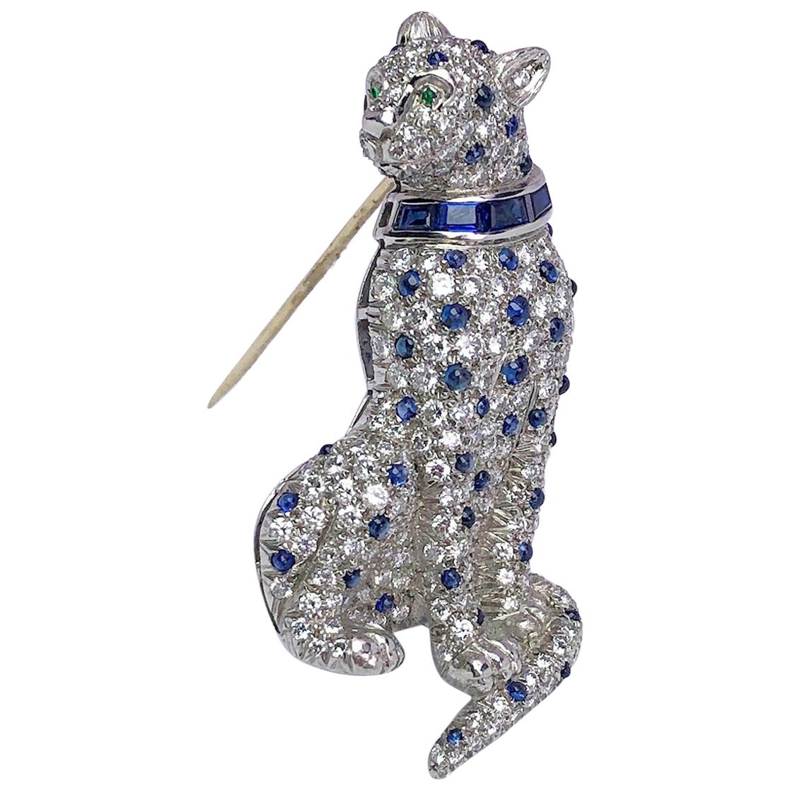 Oscar Heyman Plat. & 3.61Ct. Diamond Cheetah Brooch with 2.18Ct. Blue Sapphires For Sale