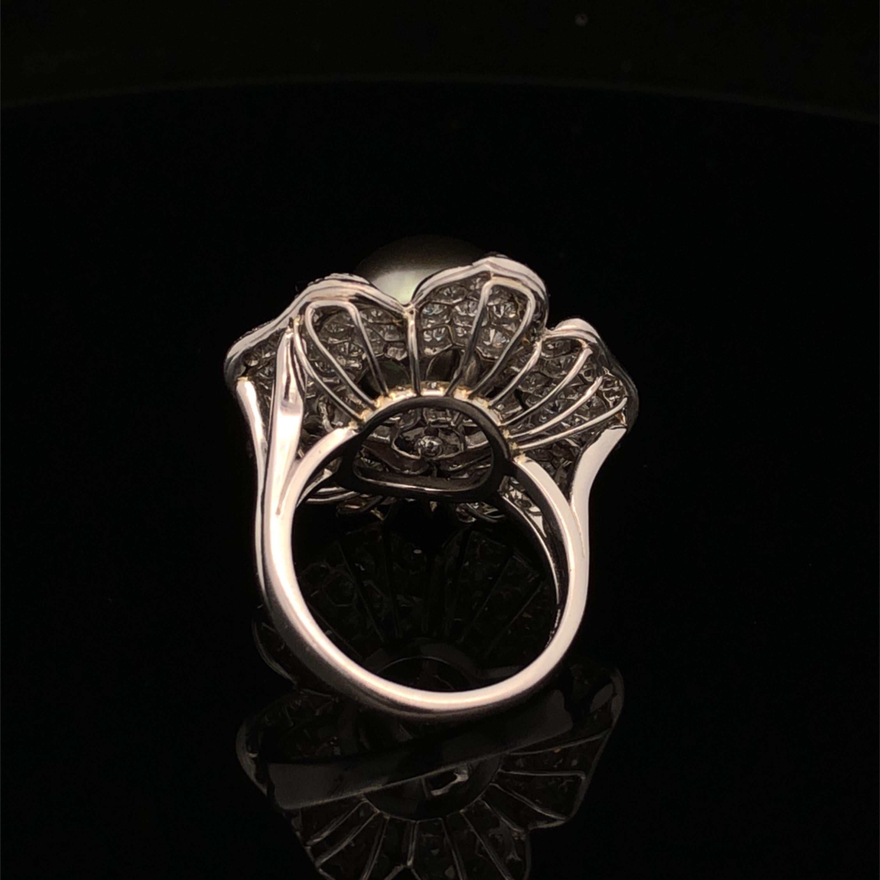 Women's or Men's Oscar Heyman Platinum 12mm Tahitian Pearl & Diamond Flower Ring For Sale