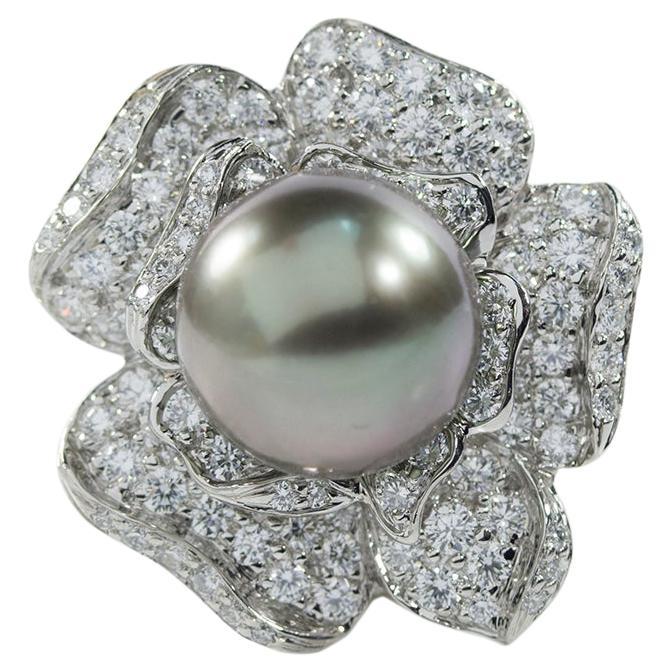 Oscar Heyman Platinum 12mm Tahitian Pearl & Diamond Flower Ring For Sale