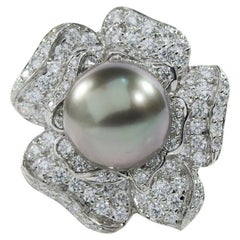 Oscar Heyman Platinum 12mm Tahitian Pearl & Diamond Flower Ring