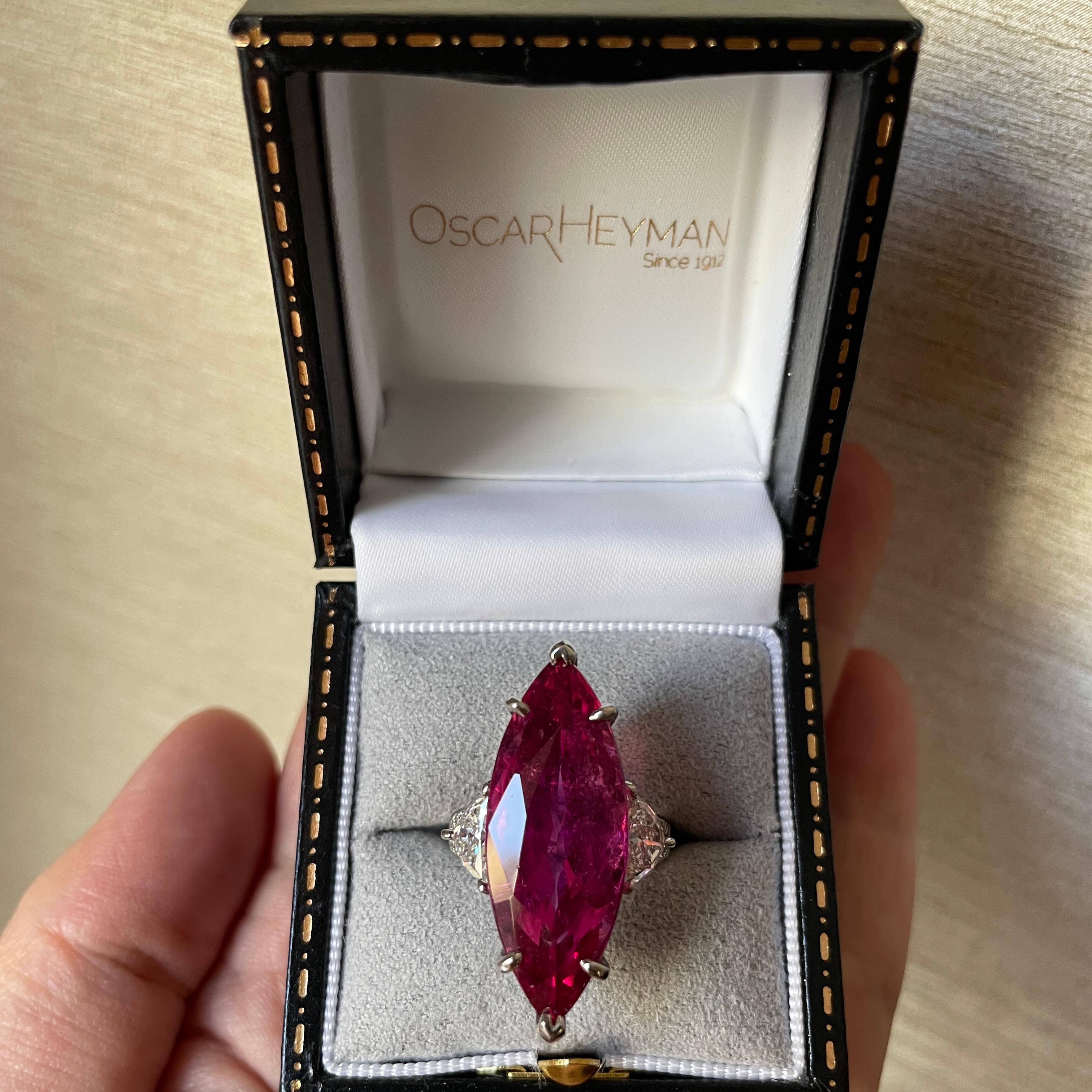 Oscar Heyman Platinum 15.74ct Marquise Rubellite & Diamond Ring For Sale 1