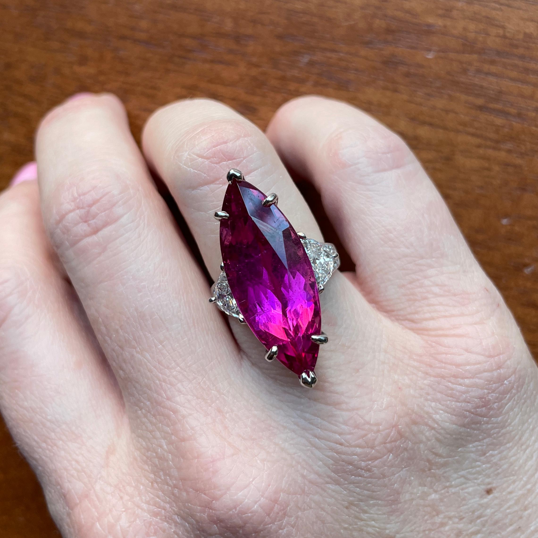 Oscar Heyman Platinum 15.74ct Marquise Rubellite & Diamond Ring For Sale 2