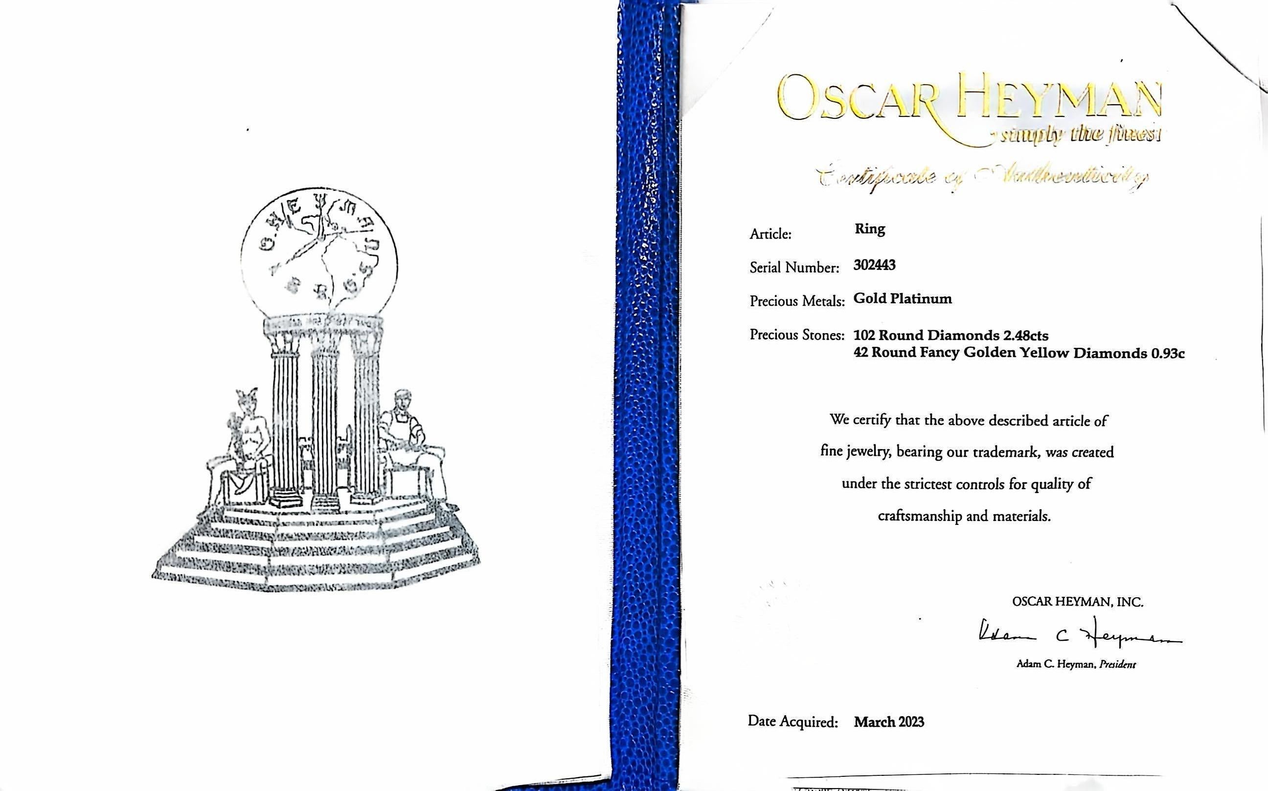 Oscar Heyman, Platinum 18K Gold Diamond Fancy Yellow Diamond Ring, Certificate For Sale 3
