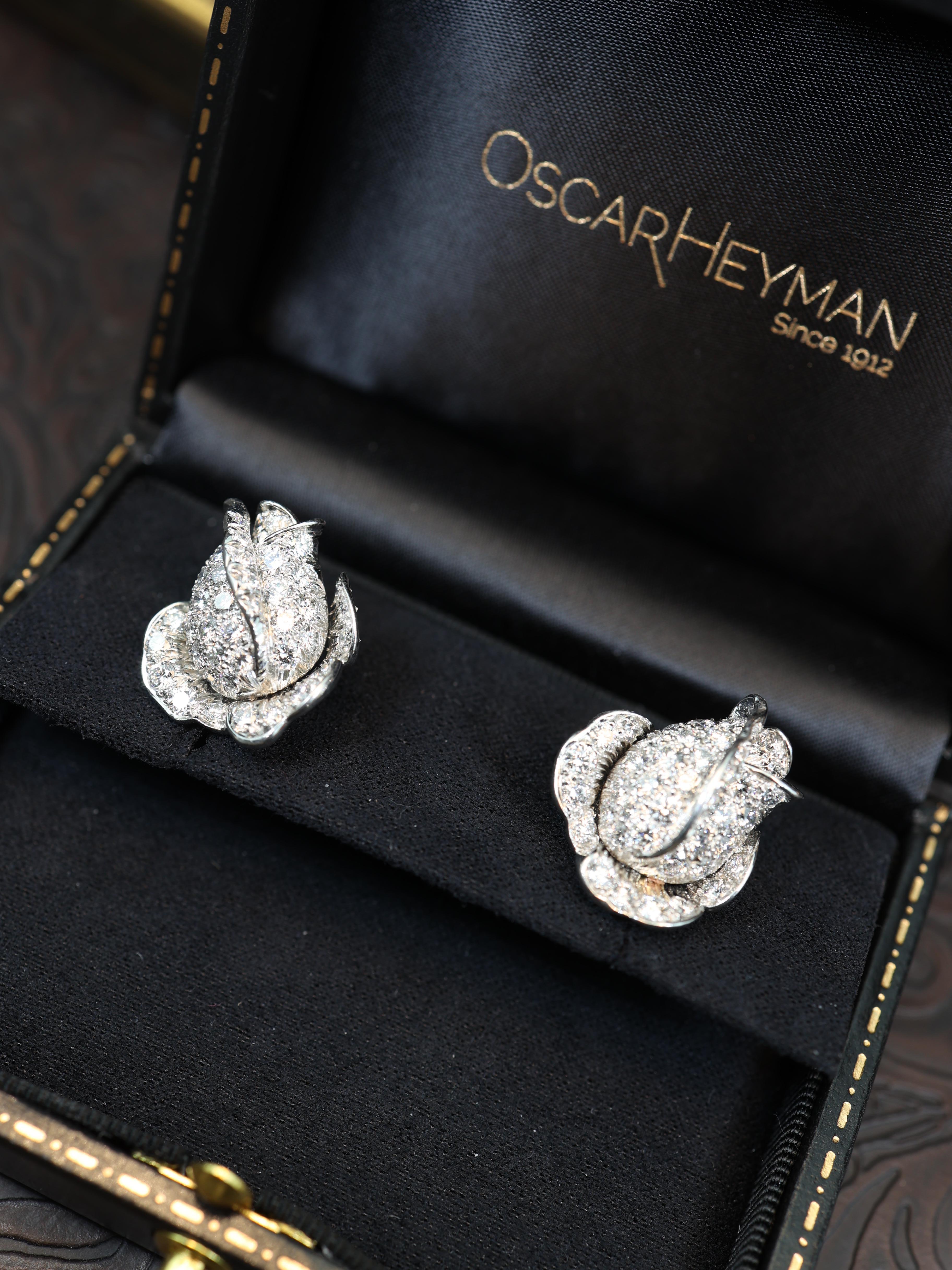 Oscar Heyman, Orecchini a fiore in platino e oro 18 carati con diamanti, Certificato in vendita 3
