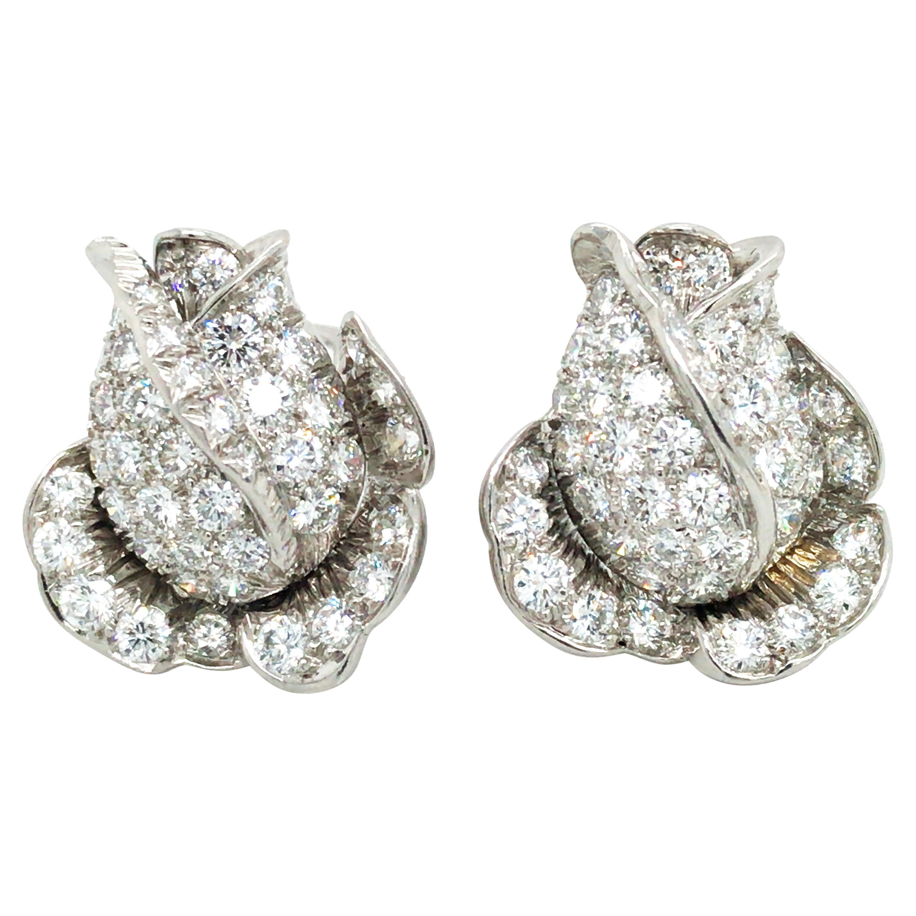 Oscar Heyman, Platinum 18K Gold Diamond Flower Earrings, Certificate