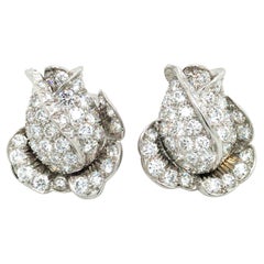 Oscar Heyman, Platinum 18K Gold Diamond Flower Earrings, Certificate