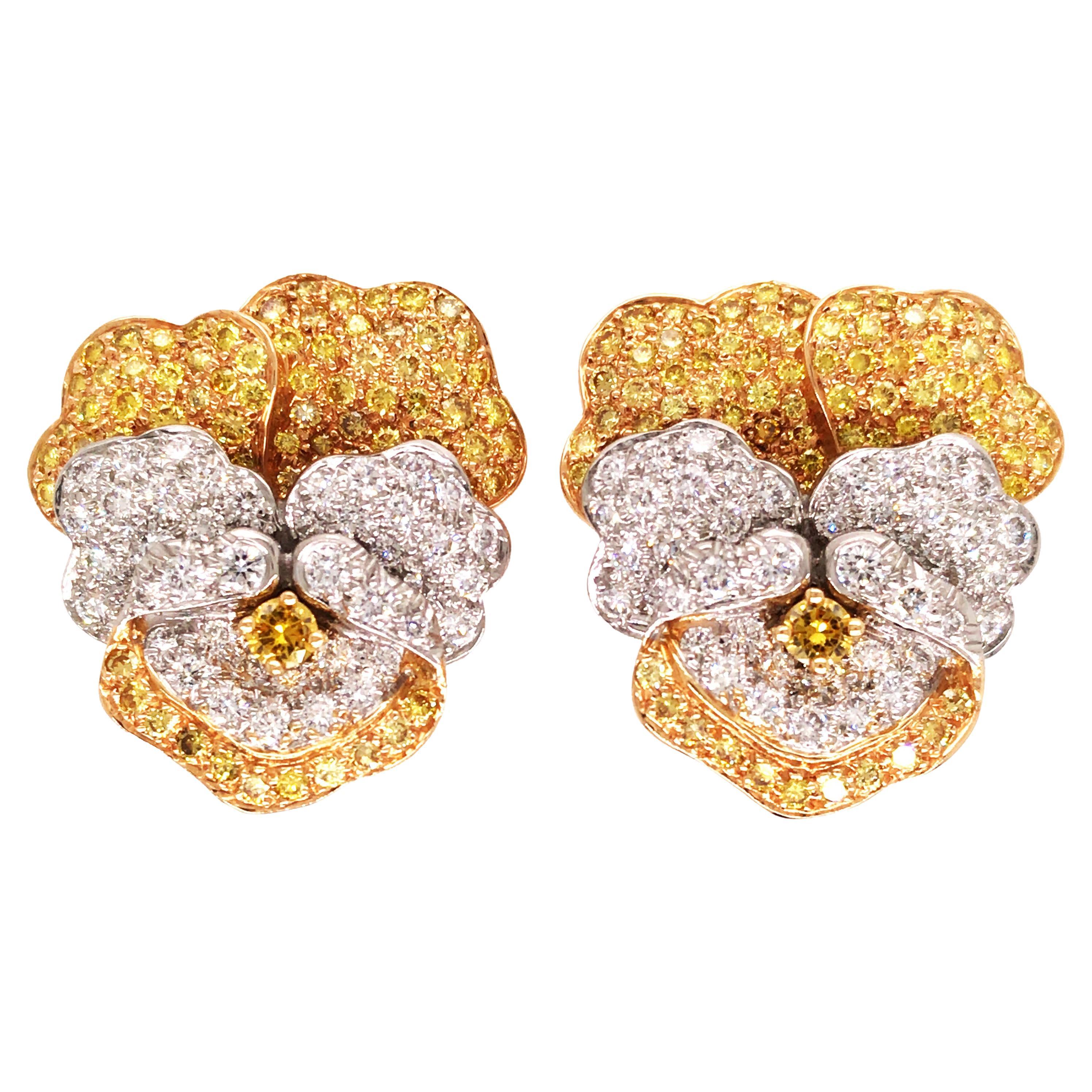 Oscar Heyman, Platinum 18K Gold Diamond Yellow Diamond Pansy Earrings
