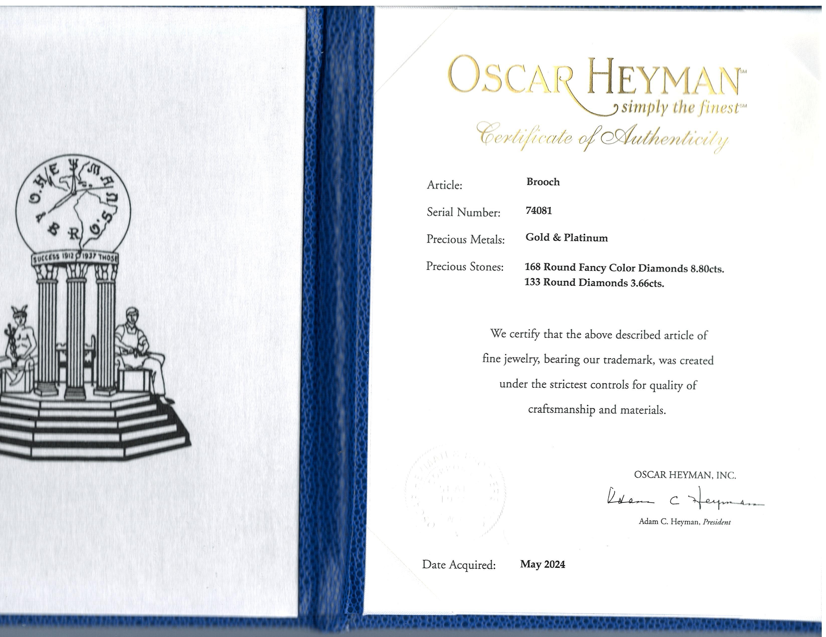 Oscar Heyman, Platinum 18K Gold Fancy Color Diamond Diamond Gardenia Brooch For Sale 5