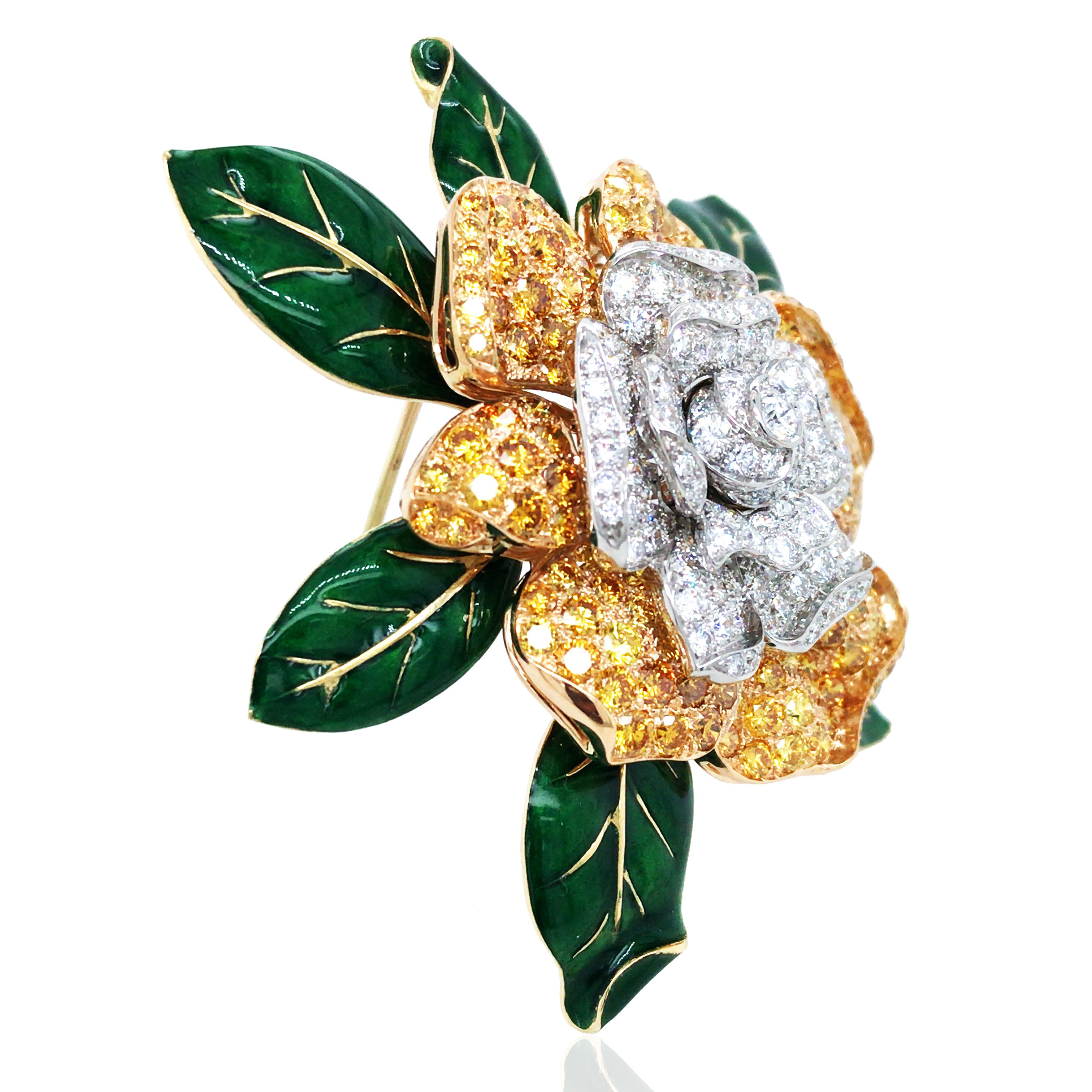 Round Cut Oscar Heyman, Platinum 18K Gold Fancy Color Diamond Diamond Gardenia Brooch For Sale