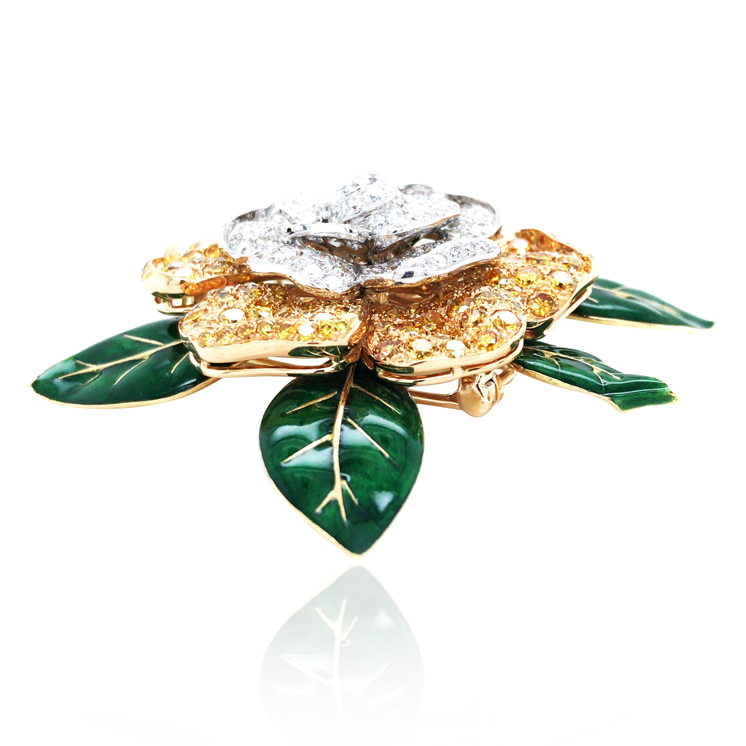 Oscar Heyman, Platinum 18K Gold Fancy Color Diamond Diamond Gardenia Brooch In Good Condition For Sale In New York, NY