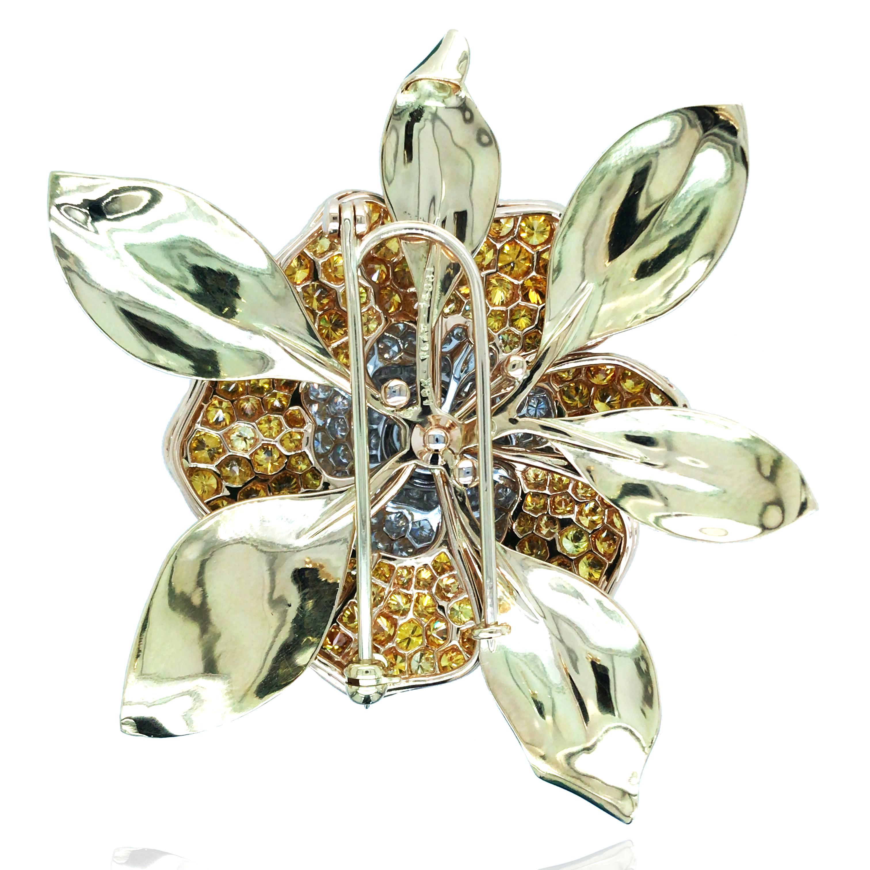 Women's or Men's Oscar Heyman, Platinum 18K Gold Fancy Color Diamond Diamond Gardenia Brooch For Sale