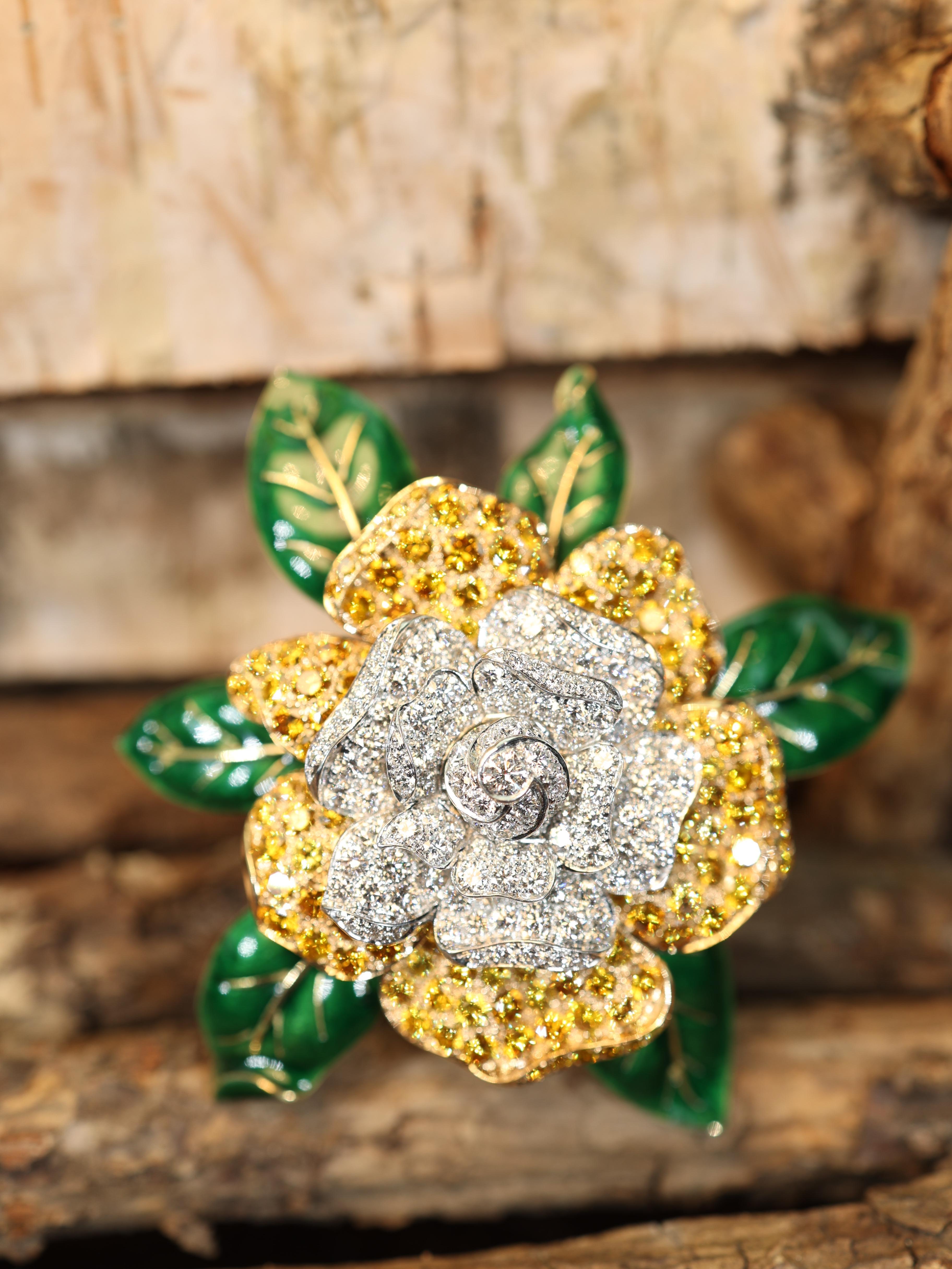 Oscar Heyman, Platinum 18K Gold Fancy Color Diamond Diamond Gardenia Brooch For Sale 3