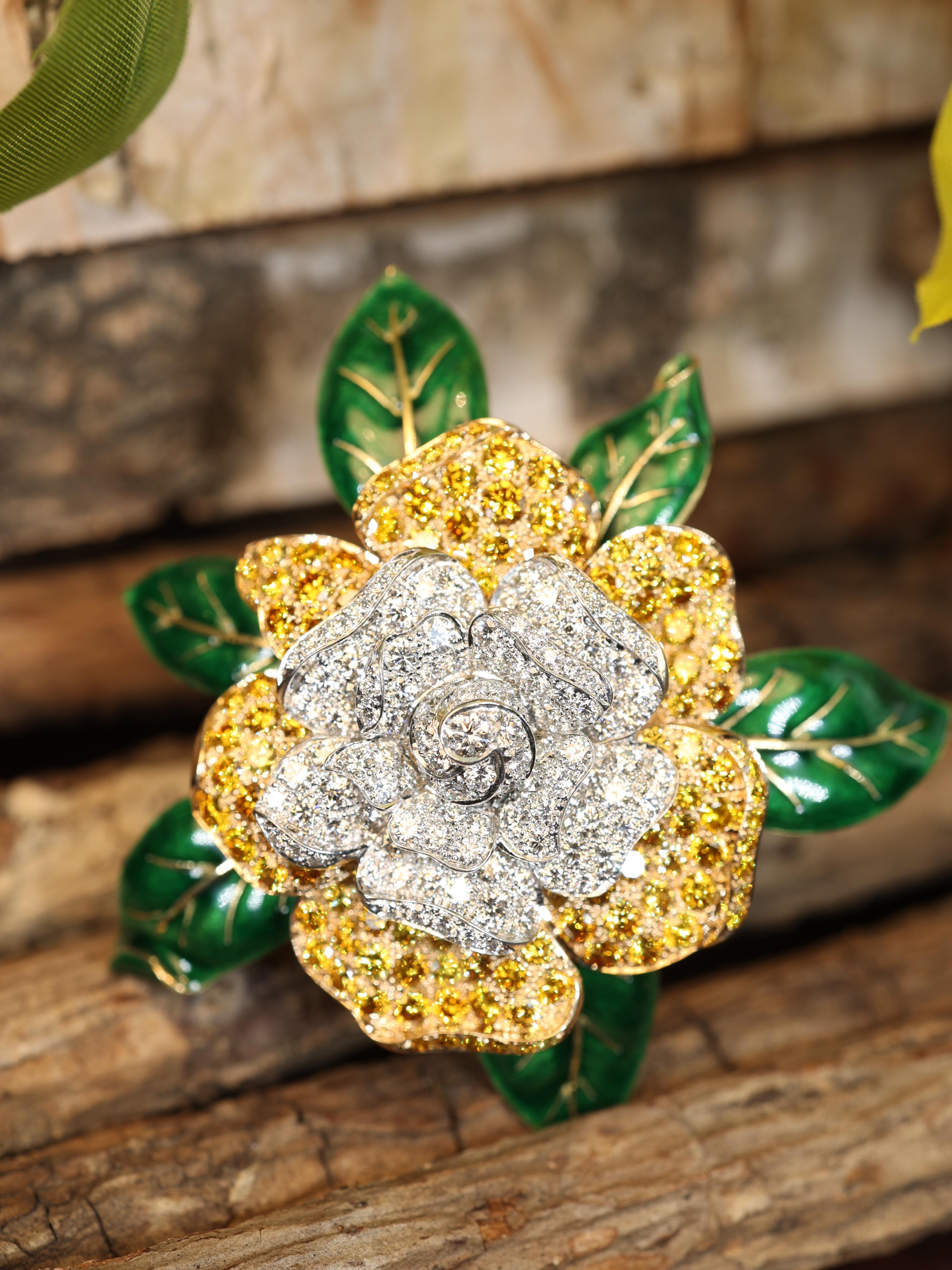 Oscar Heyman, Platinum 18K Gold Fancy Color Diamond Diamond Gardenia Brooch For Sale 4