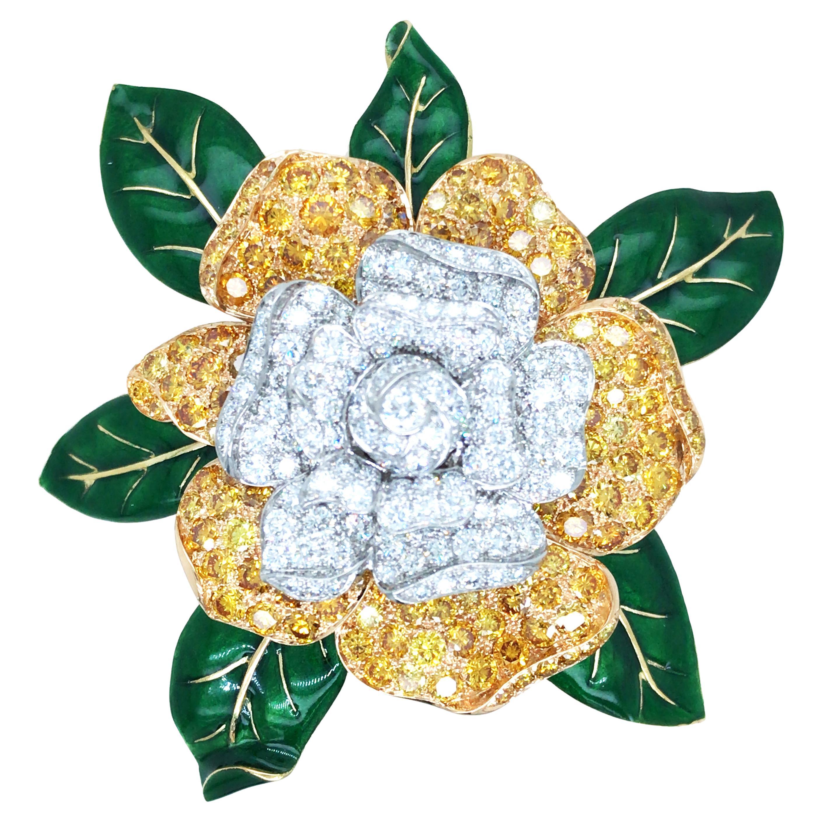Oscar Heyman, Platinum 18K Gold Fancy Color Diamond Diamond Gardenia Brooch