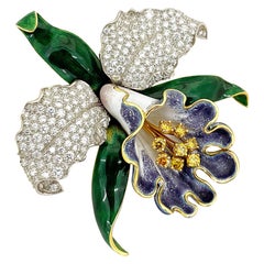 Vintage Oscar Heyman Platinum/18KT Gold Orchid Brooch with Fancy Yellow & White Diamond