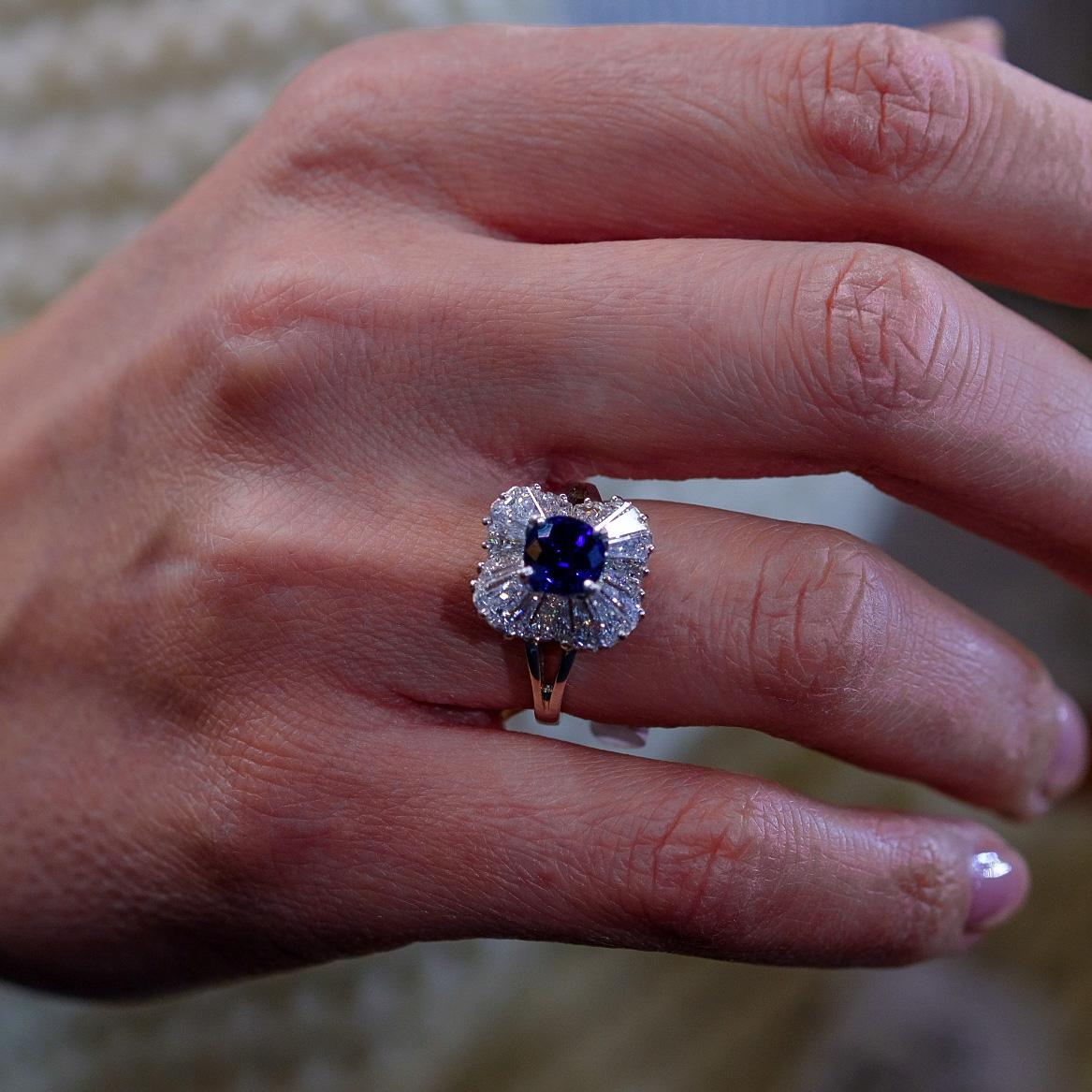 Women's Oscar Heyman Platinum 1.99ct Blue Sapphire And Diamond Ballerina Ring