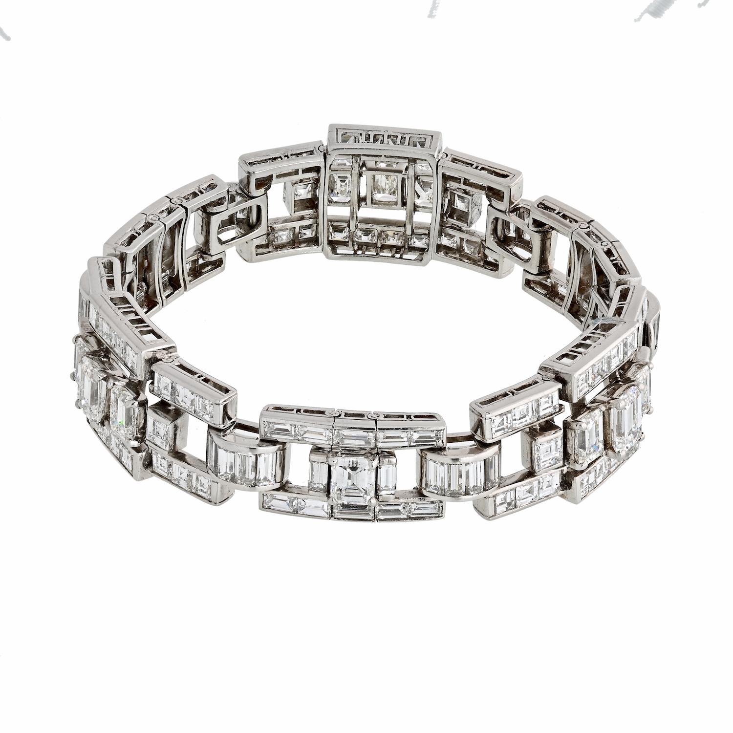 By Oscar Heyman, a magnificent mid-century diamond and platinum bracelet comprised of 30.63 carats of white diamonds. The bracelet stands as an ideal example of the elegance and abstract popularity of mid-century design, a jewelry aesthetic that