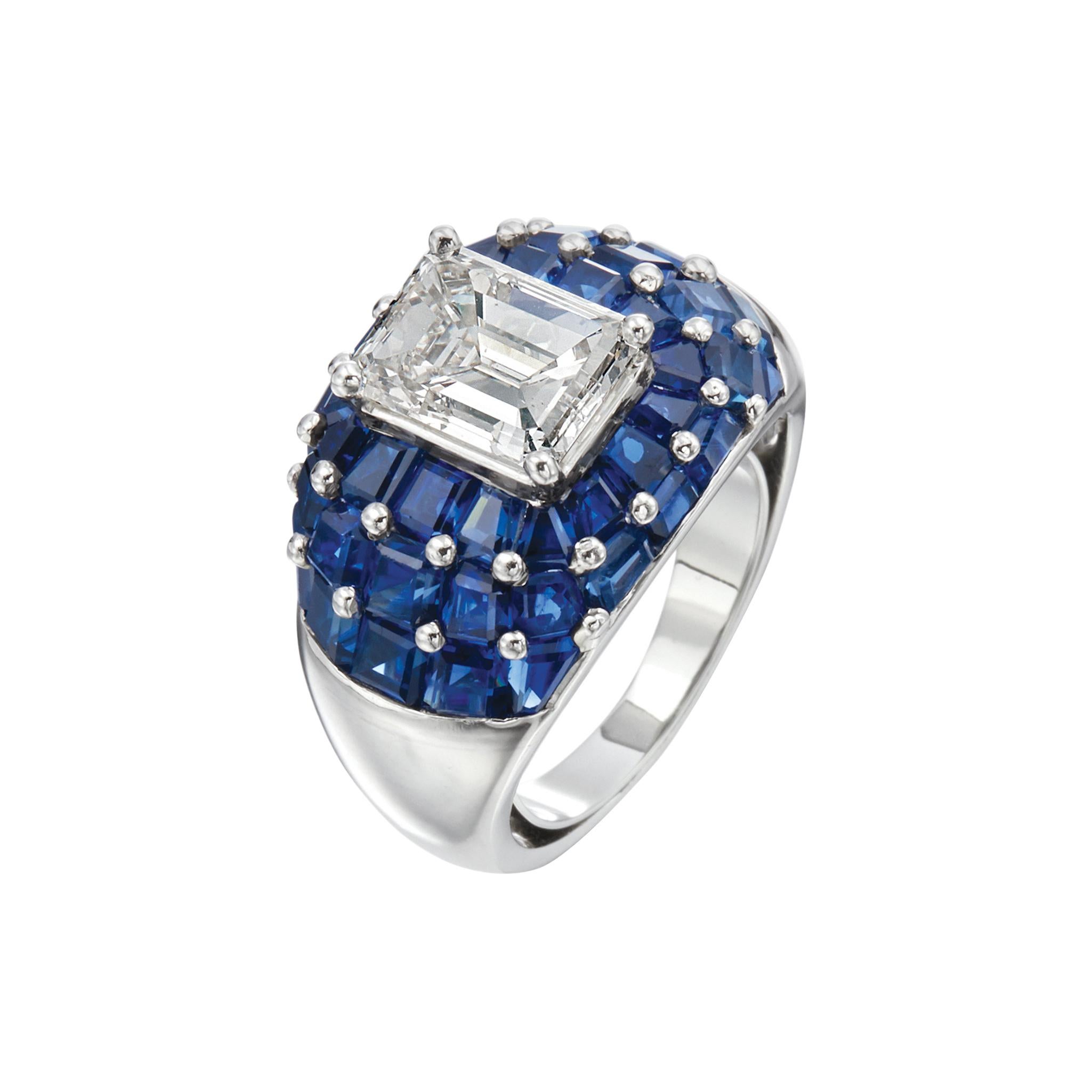 Oscar Heyman Platinum 3.65 Carat Diamond 10 Carat Sapphire Dome Ladies Ring