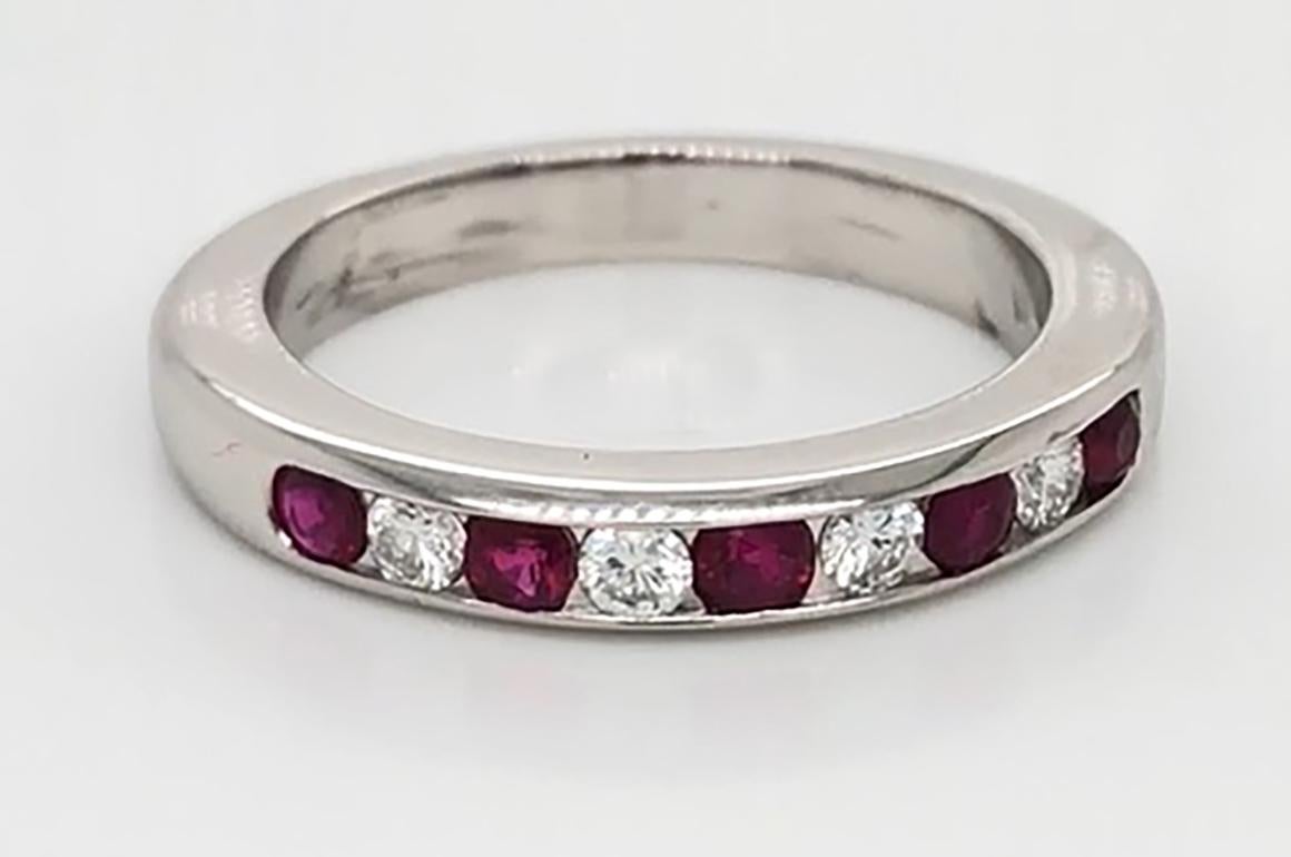 Contemporary Oscar Heyman Platinum Round Ruby and Diamond Partway Wedding Band Ring For Sale