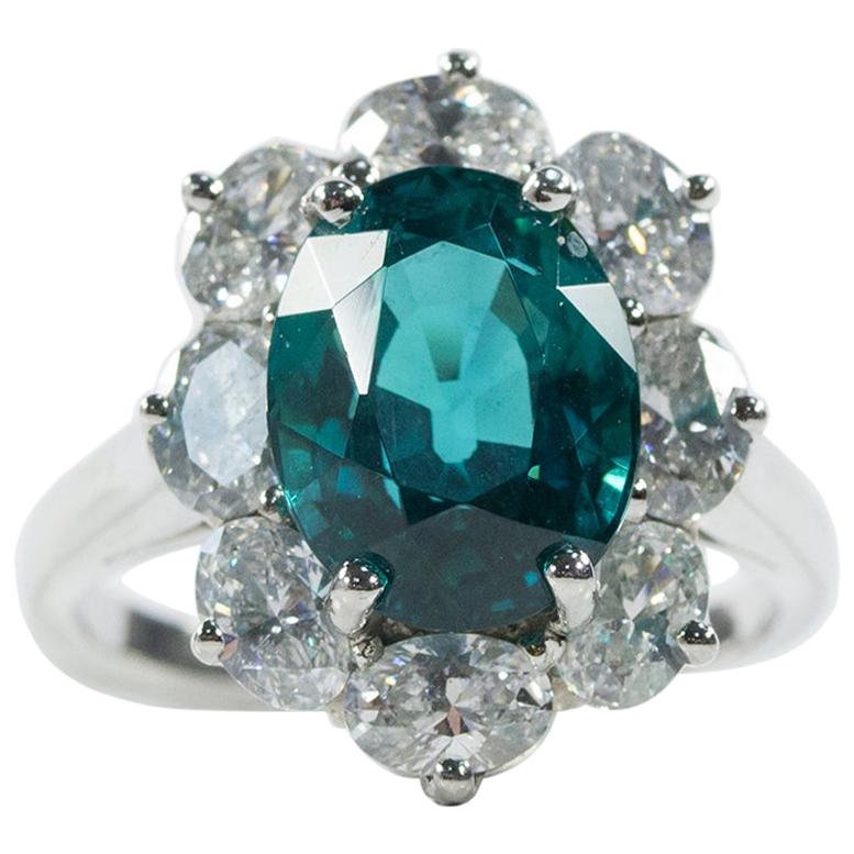 Oscar Heyman Platinum 4.32ct Indicolite Tourmaline and Diamond Entourage Ring For Sale