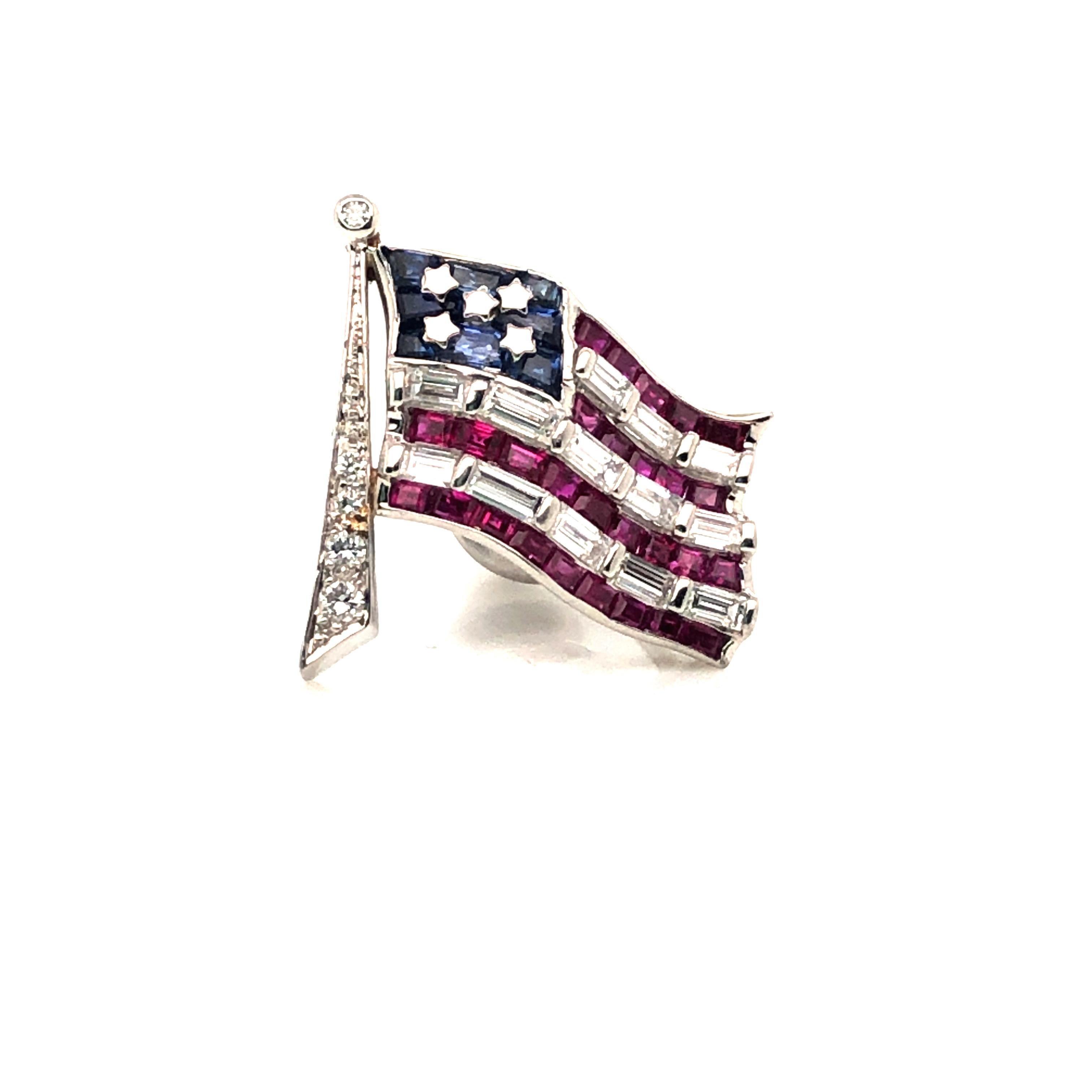 Oscar Heyman Platinum American Flag Ruby, Sapphire, and Diamond Lapel Pin In New Condition For Sale In New York City, NY