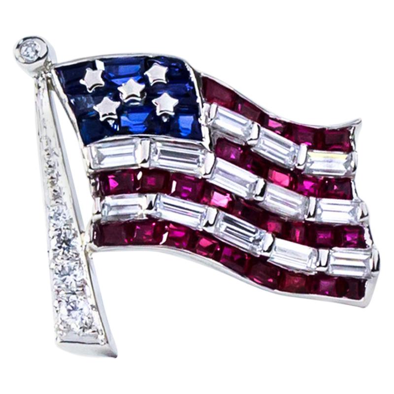 Oscar Heyman Platin Amerikanische Flagge Rubin, Saphir und Diamant Revers Anstecknadel
