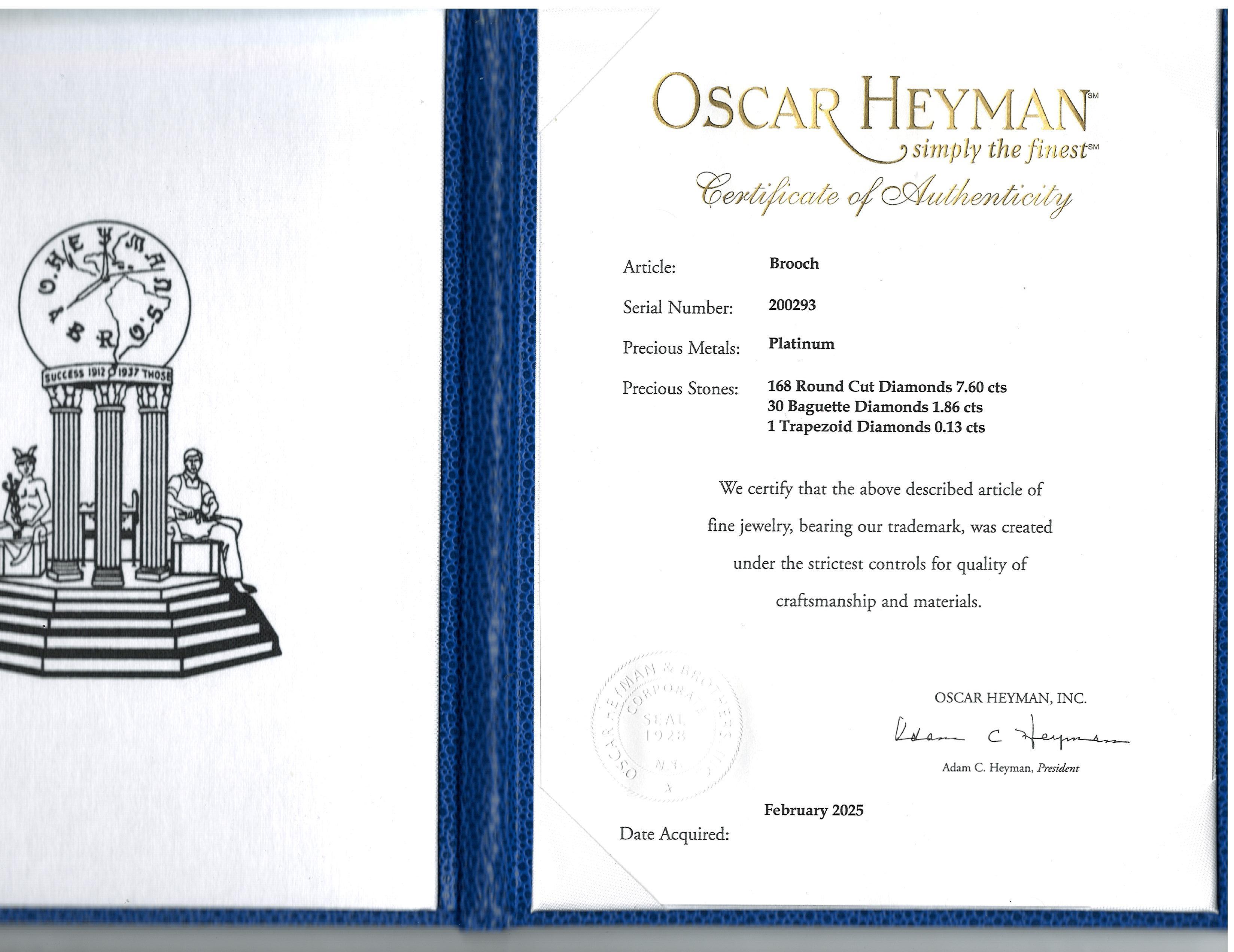 Oscar Heyman, Platinum Diamond Feather Brooch, Certificate For Sale 1