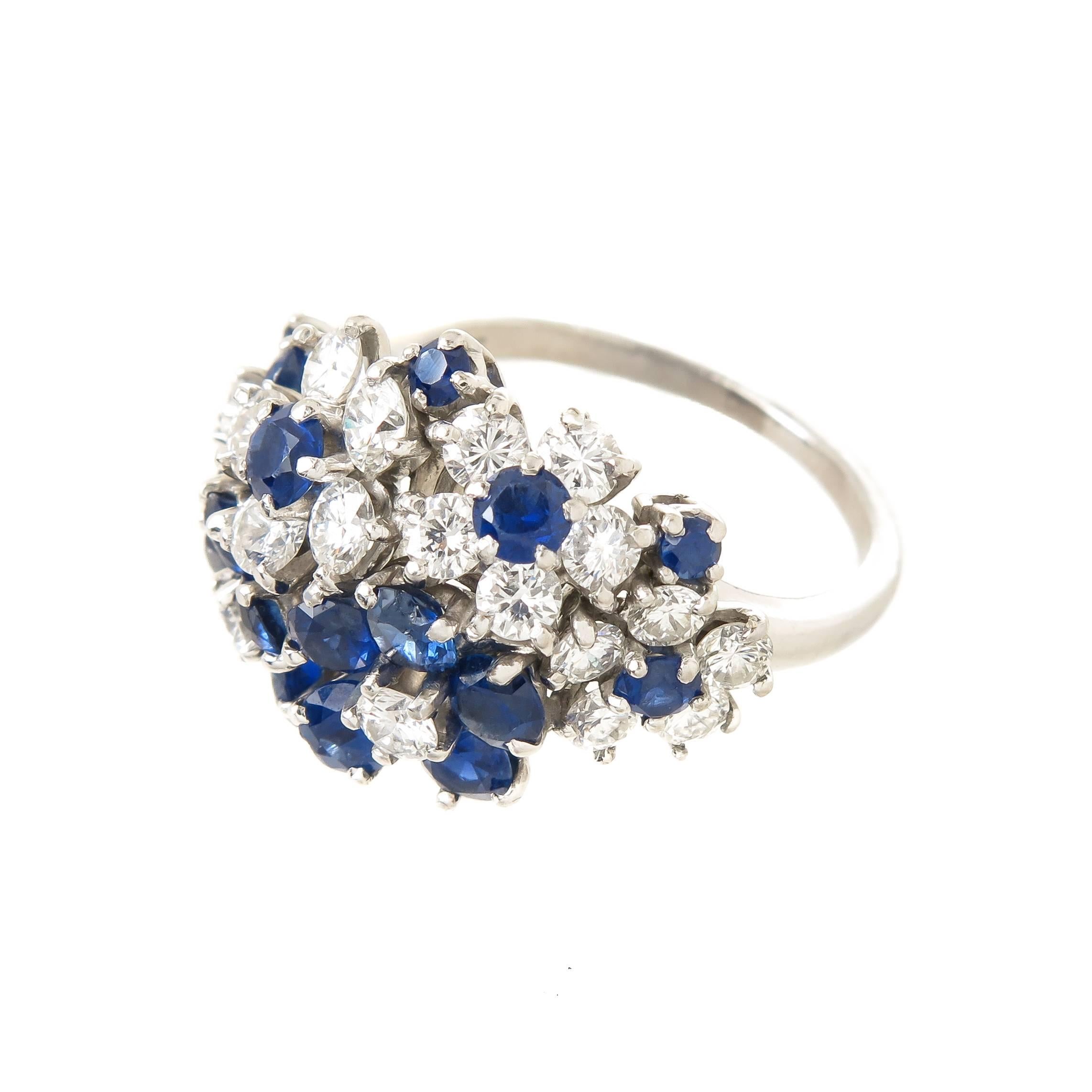 Oscar Heyman Platinum Diamond Sapphire Flower Ring In Excellent Condition In Chicago, IL