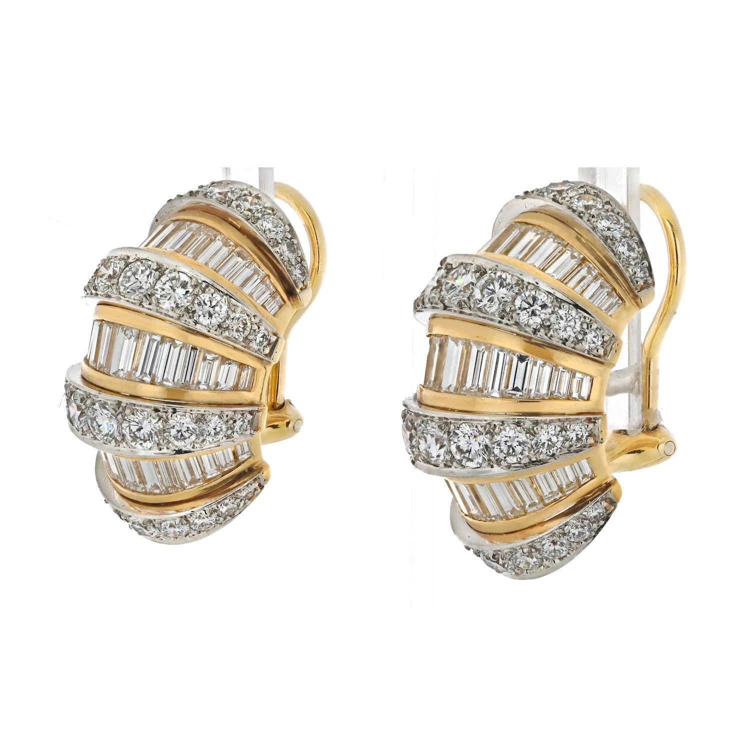 Indulge in the unparalleled allure of the Oscar Heyman Platinum & 18K Yellow Gold Dome Shrimp Earrings, a true masterpiece that embodies the pinnacle of fine jewelry craftsmanship. Elegantly adorned with a mesmerizing combination of baguette and