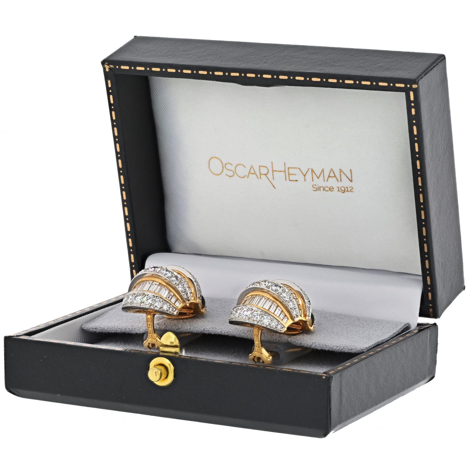 Modern Oscar Heyman Platinum & Gold Dome Shrimp Baguette And Round Cut Earrings